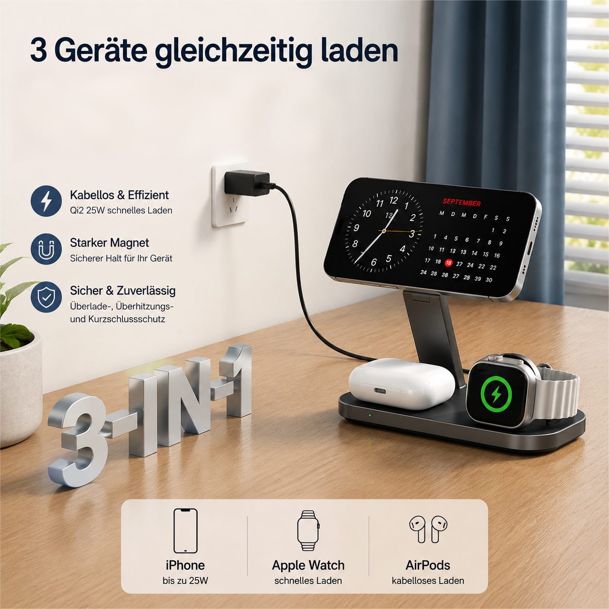Toomoke Faltbare Qi2 25W 3-in-1 MagSafe Ladestation mit 35W Netzteil Induktions-Ladegerät (Verfügbar für iPhone 17/16/15/14/13/12 Serie, Apple Watch, AirPods, Schnelles Kabelloses Ladegerät Handy Ständer handyhalterung)