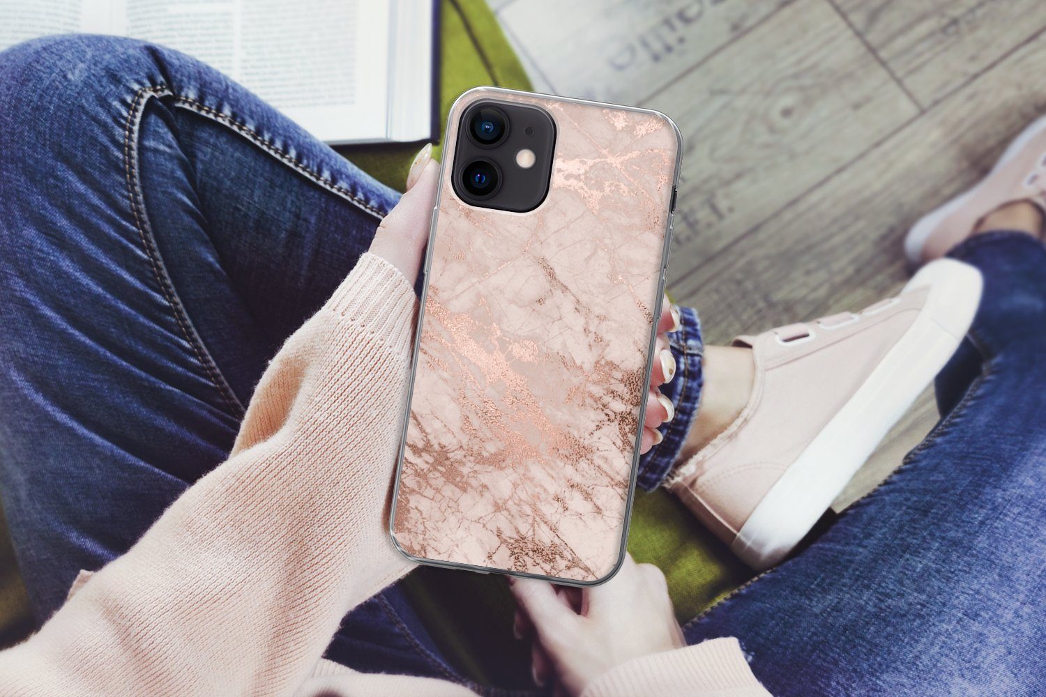 MuchoWow Handyhülle für Apple iPhone 12 Marmor - Rosa - Luxus - Marmoroptik - Glitzer - De, Smartphone-Bumper, Print, Handy Schutzhülle Dünn