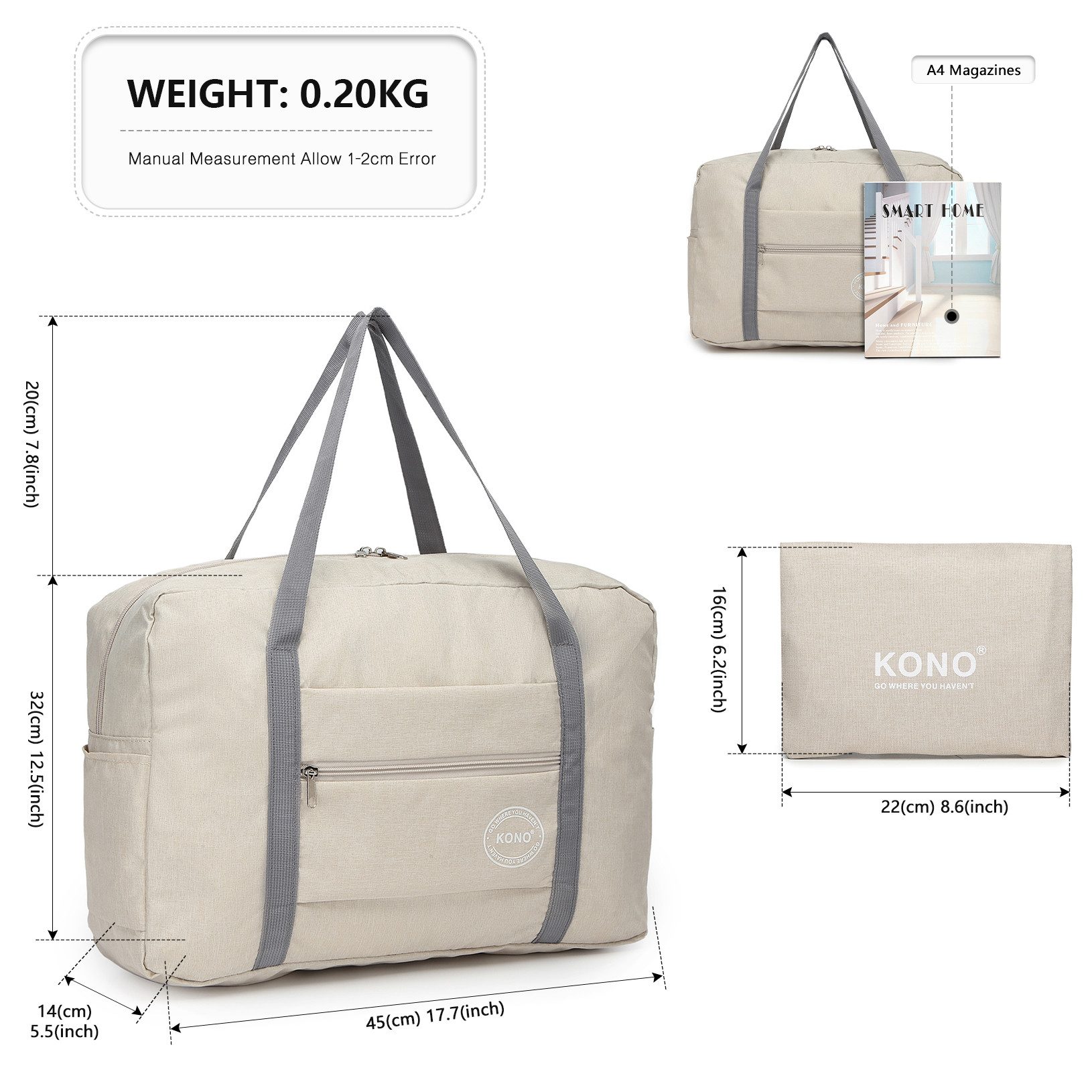 KONO Reisetasche Faltbare Wasserdichte Reisehandtasche – Für A4, 13,5“ Laptops & Reisen