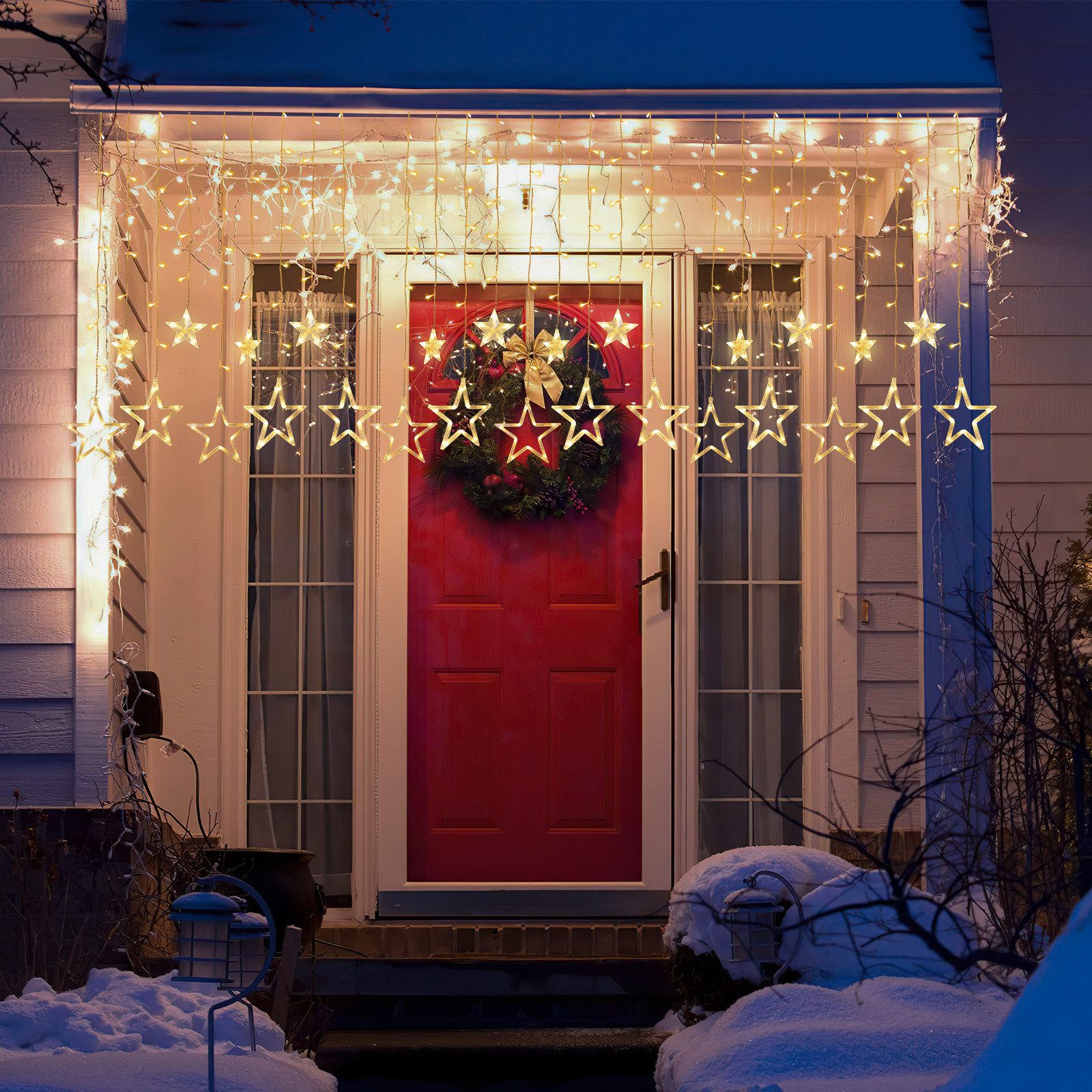 Clanmacy LED-Lichterkette 138 LED Lichterkette Sterne Lichtervorhang Außen Innen Weihnachtsdeko, 138-flammig