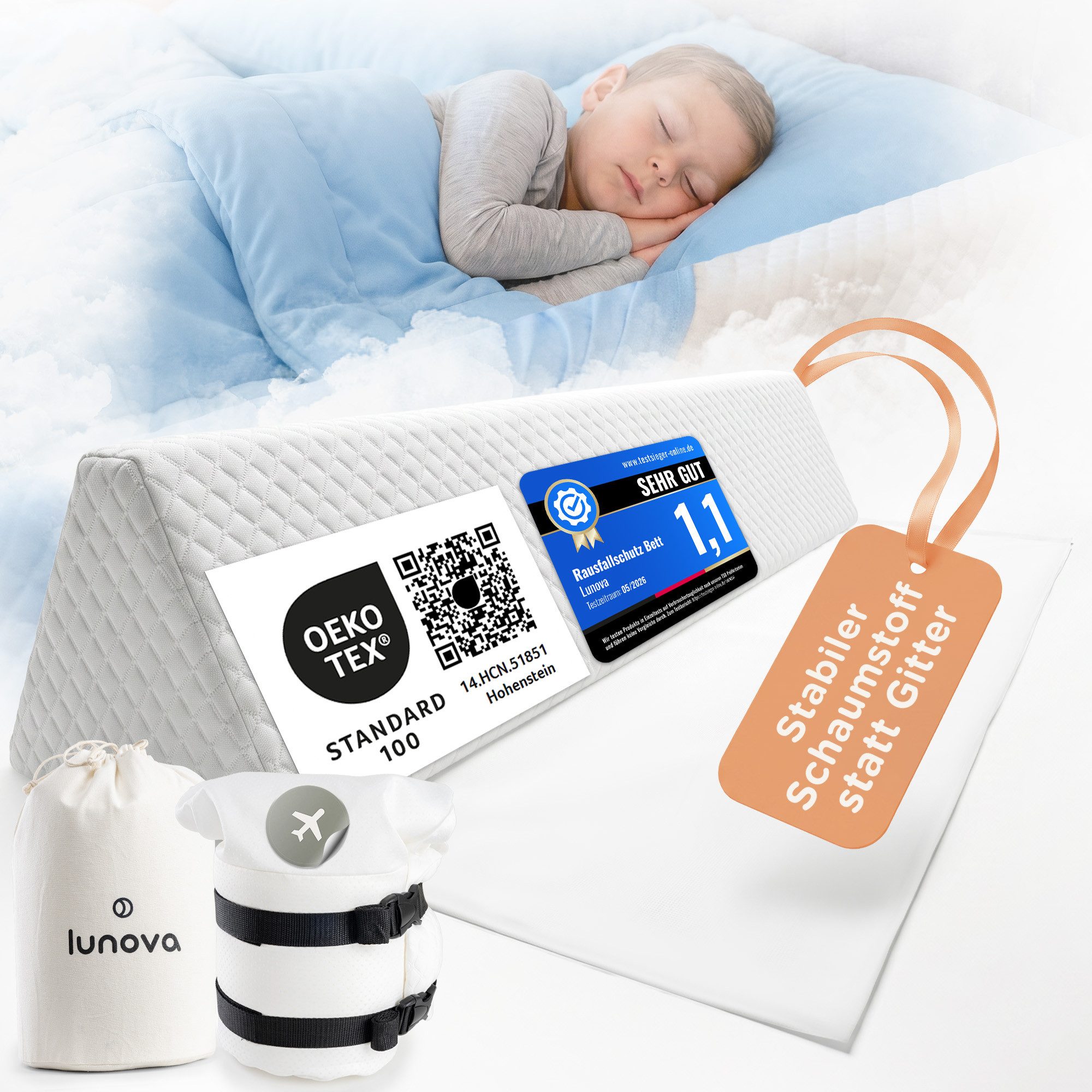 Lunova Bettschutzgitter Rausfallschutz Bett für Kinder – Boxspringbett & Elternbett (Travel Edition), Formstabil · mit Gurt & Reisetasche · zusammenrollbar
