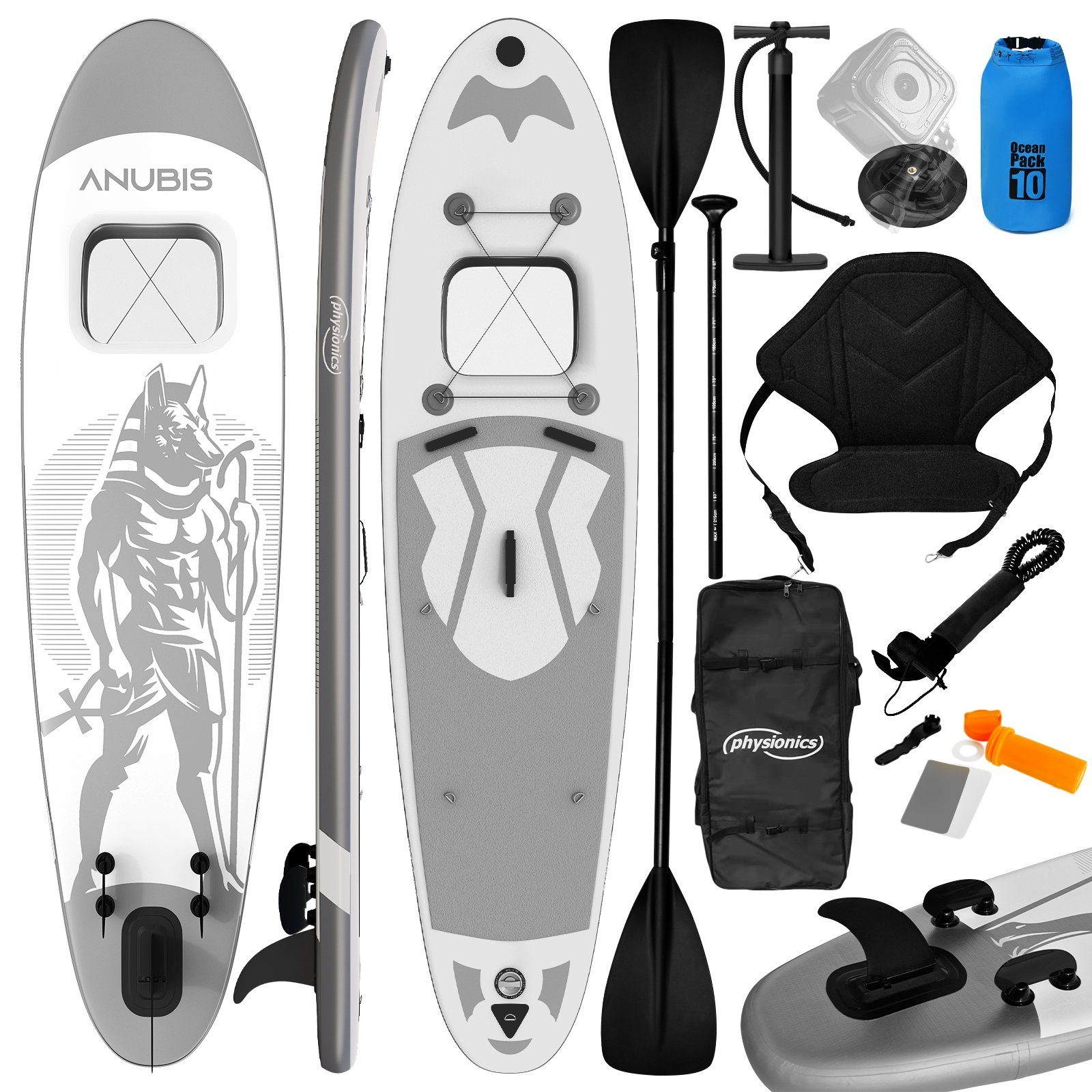 Physionics SUP-Board Stand Up Paddle Board Aufblasbares SUP Board 320cm Anubis(Silber)