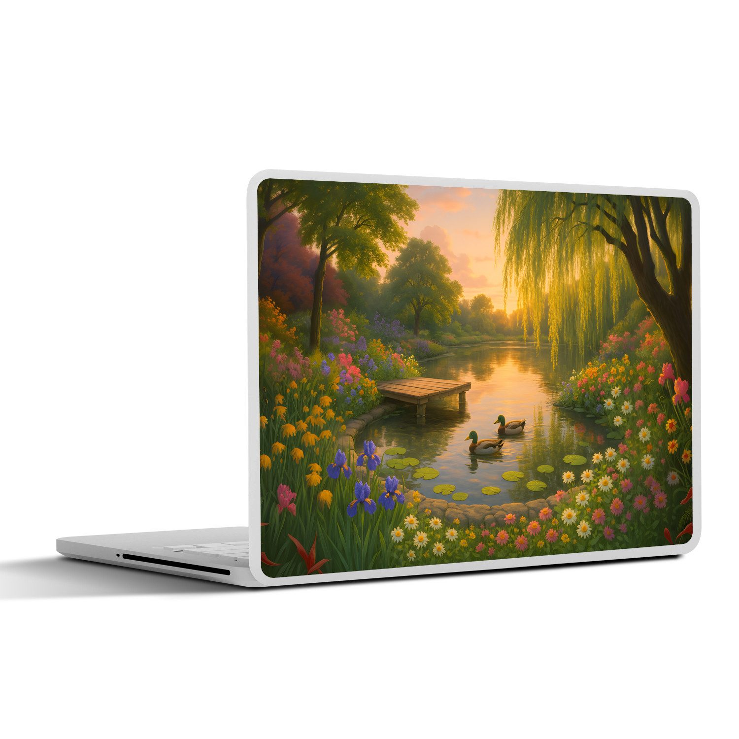 MuchoWow Laptop-Aufkleber Enten - Teich - Blumen, (1tlg), Aufkleber Geeignet für Laptops, Schutz vor Kratzern, Sticker, 32x23 cm