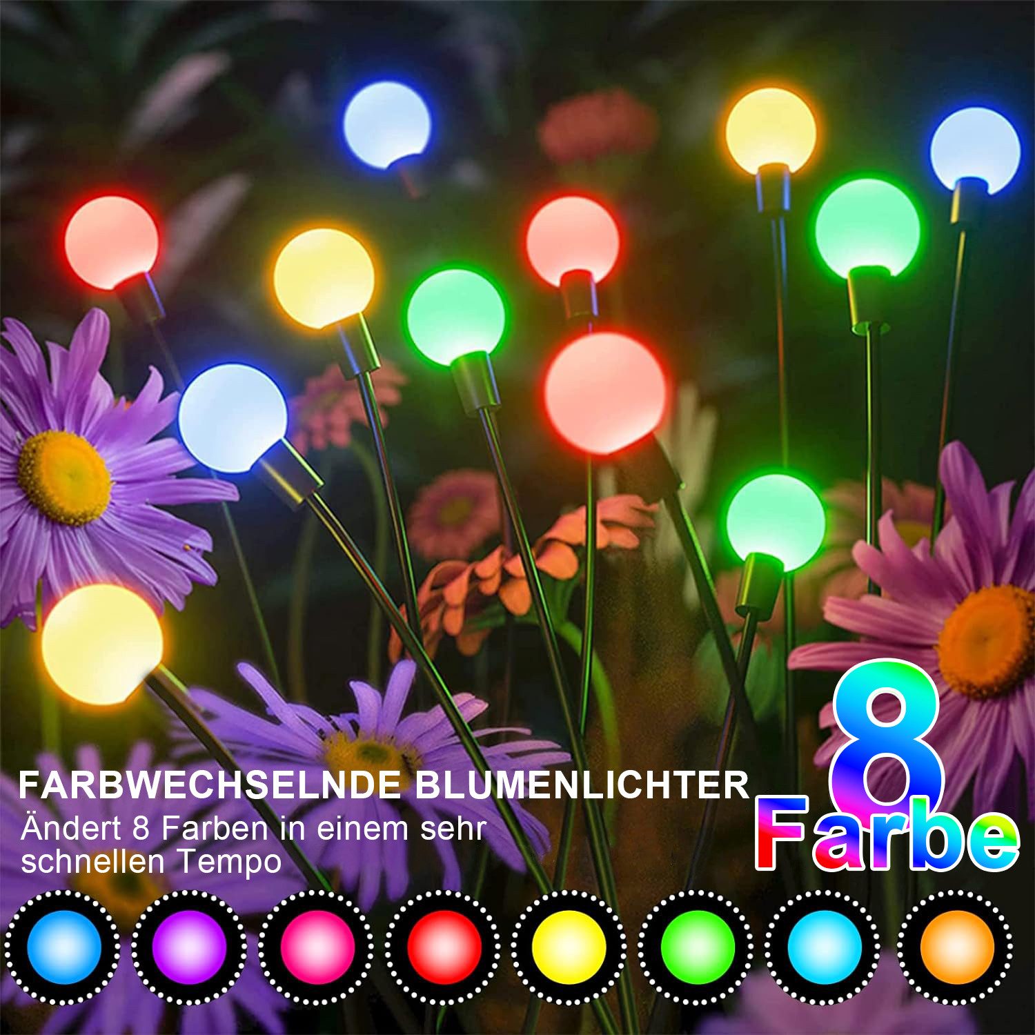 MUPOO LED Gartenleuchte LED-Lichterkette Leuchten Solarbetriebene Glühwürmchen IP65, 2 Stück, 8 LED-Leuchten, Solar Glühwürmchen Warmweißes/RGB,Garten Deko Glüh – Bild 4 von 5