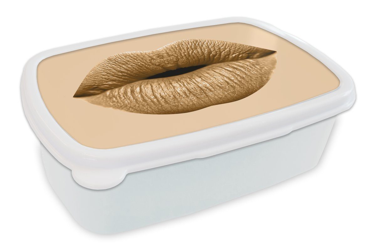 MuchoWow Lunchbox Lippen - Pastell - Braun, Kunststoff, (2-tlg), Brotbox für Kinder und Erwachsene, Brotdose, für Jungs und Mädchen weiß