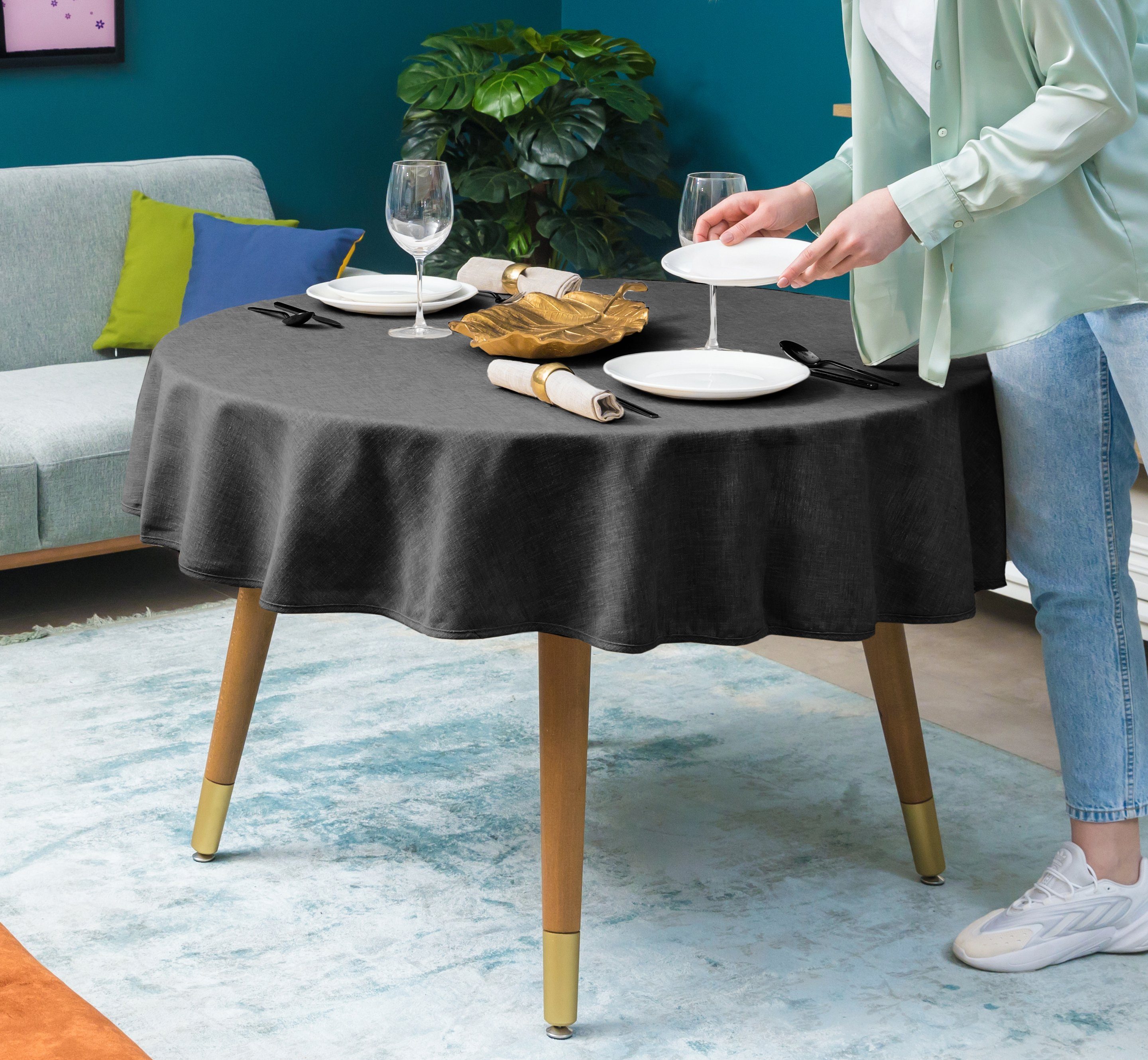 Lotuseffekt (Pflegeleicht Grau fleckenabweisend Rund Tischdecke Table Tischtuch Cloth) Abwaschbar Simurq Wasserabweisend, - & Tischdecke Tischdecke Tischdecken, - Leinenoptik