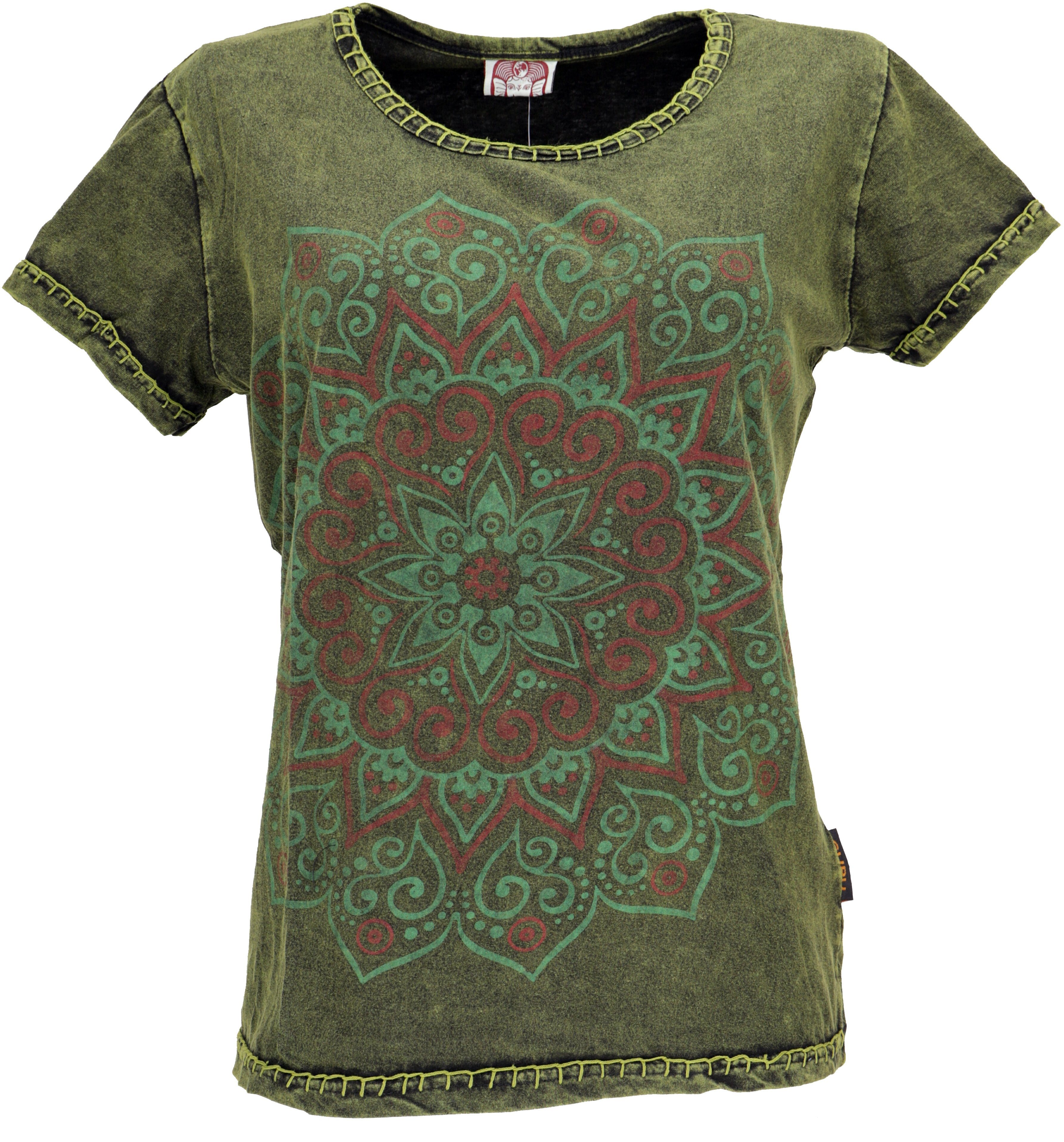 Guru-Shop T-Shirt Boho T-Shirt mit Mandaladruck, stonewashed.. Festival, Ethno Style, alternative Bekleidung