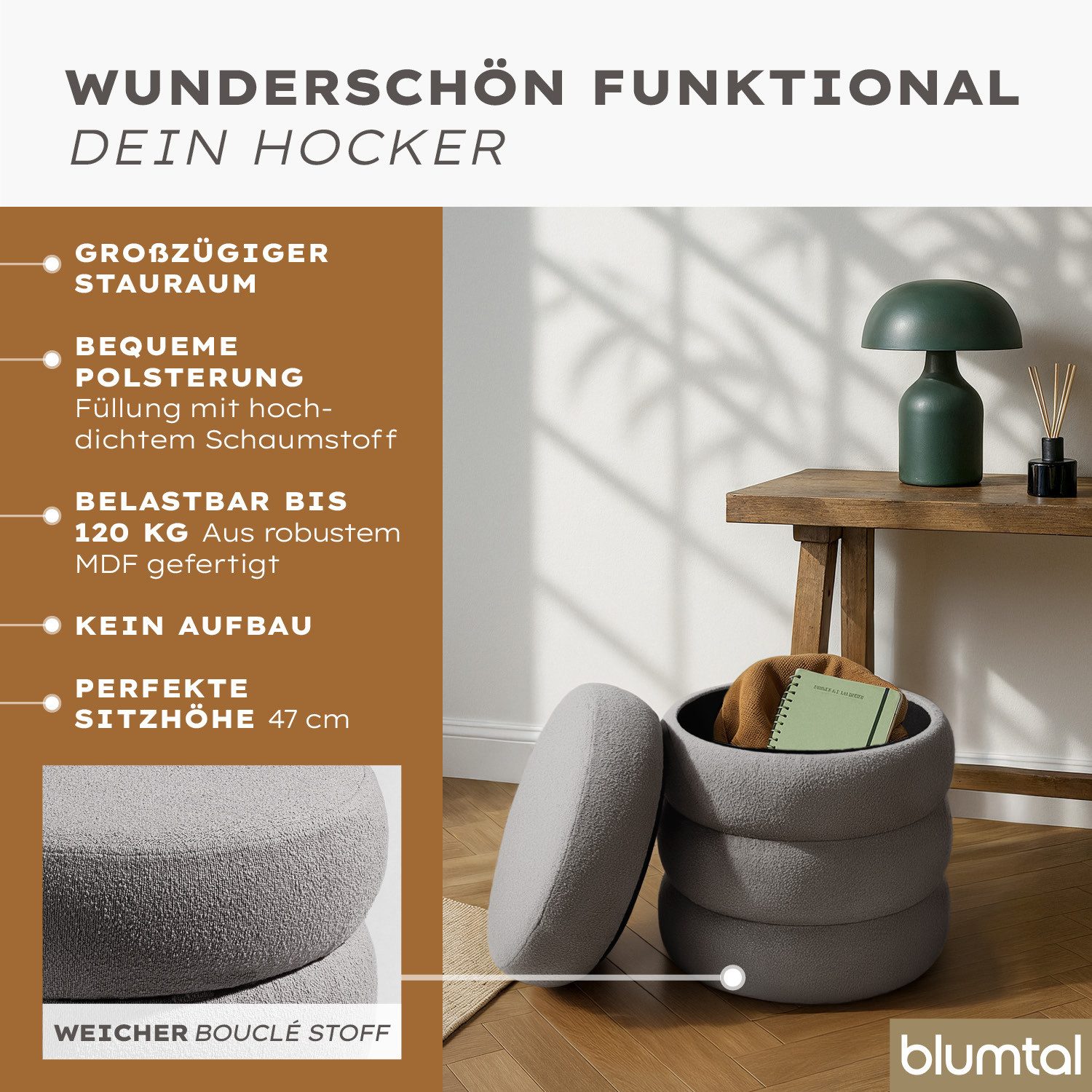 Blumtal Sitzhocker Hocker mit Stauraum mit Bouclé oder Velvet-Bezug, robust günstig online kaufen