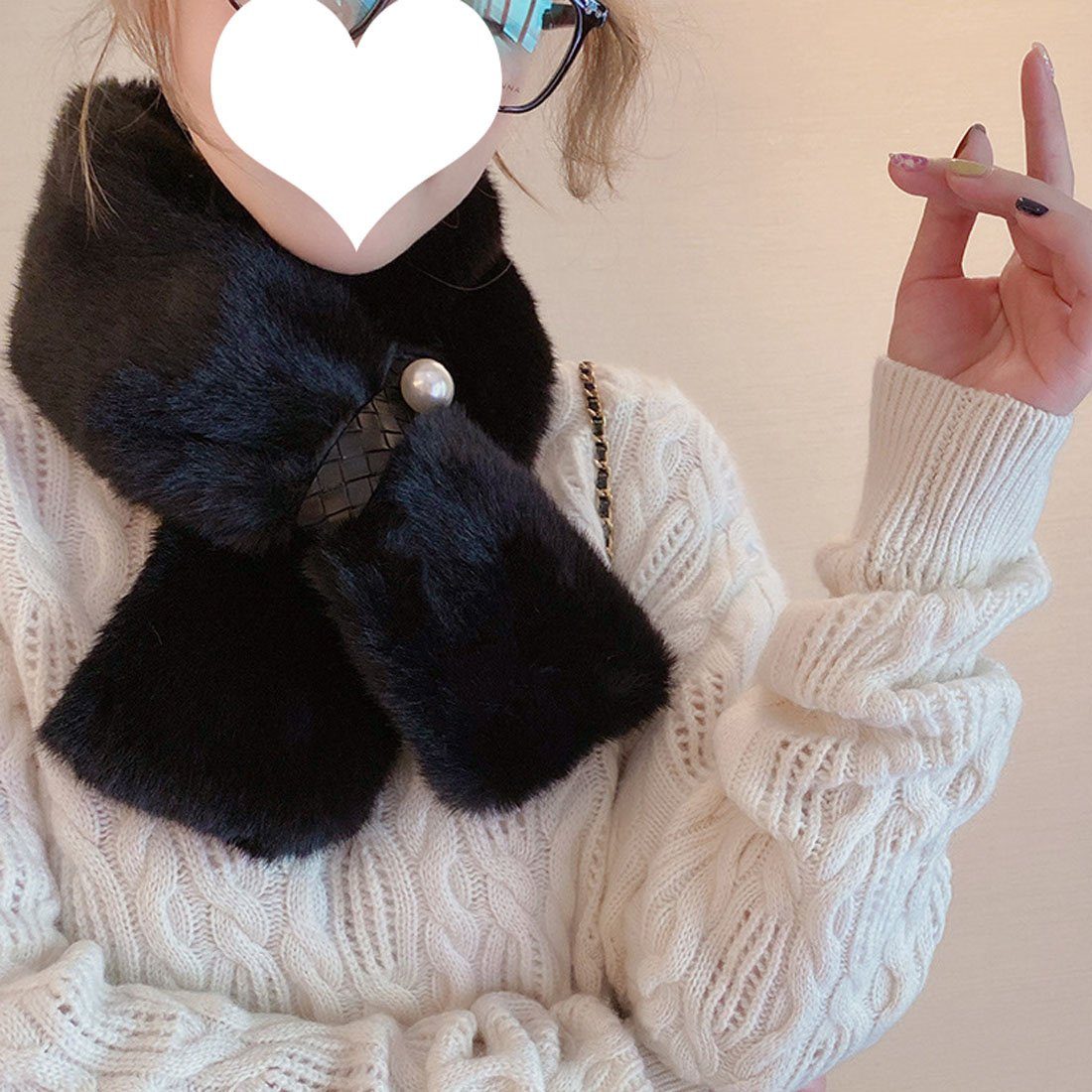 DÖRÖY Modeschal Women's Pearl Faux Fur Schwarz Warm Thickened Cross Winter Plüsch Schal, Schal