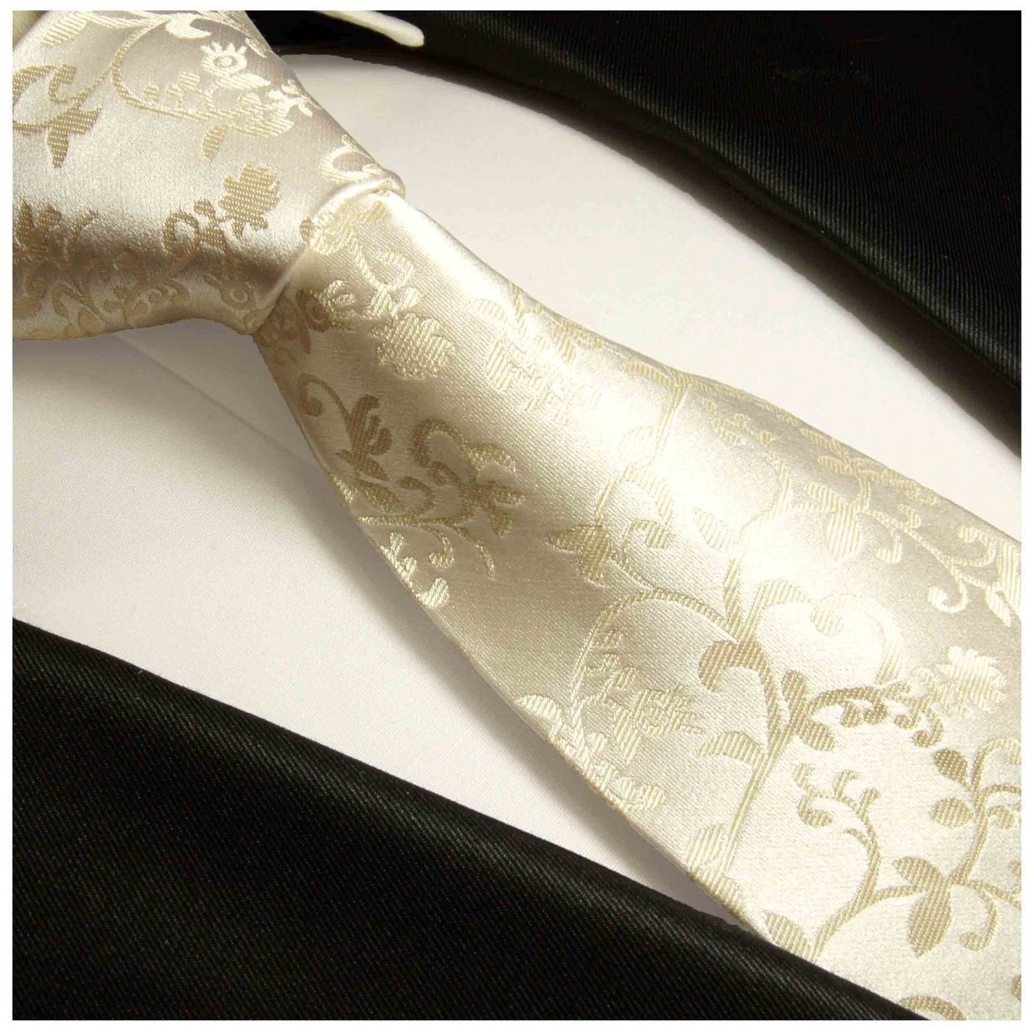 floral Einstecktuch) 2-St., Tuch Seide Breit Hochzeit mit mit Paul Krawatte champagner (Set, Krawatte Bräutigam Hochzeitskrawatte (8cm), 100% Malone 948