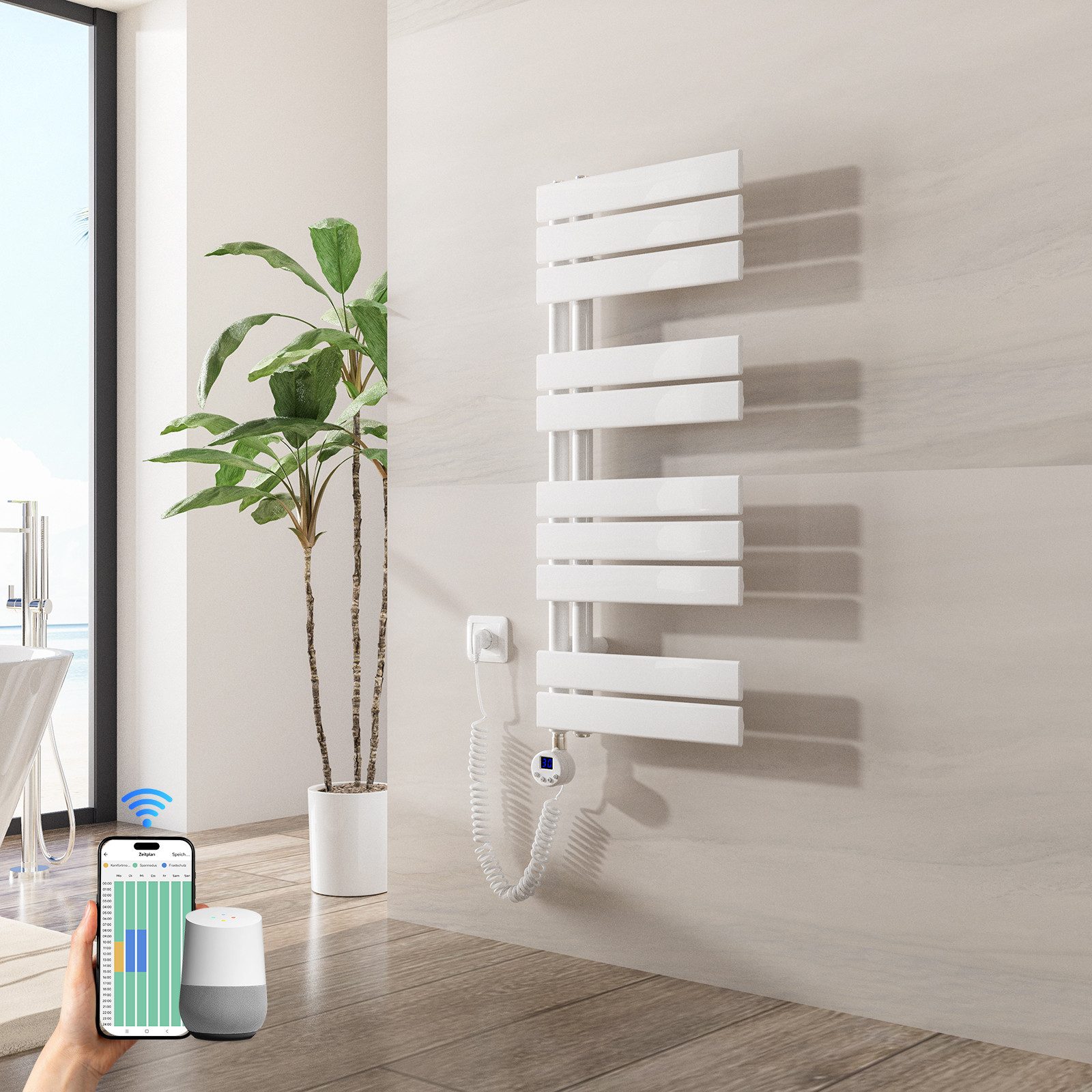 Heilmetz Elektrischer Badheizkörper 89,9 x 40 cm, 400W, mit WLAN Heizstab, Asymmetrisch Design, Weiß Handtuchwärmer mit Smart App/Sprachsteuerung