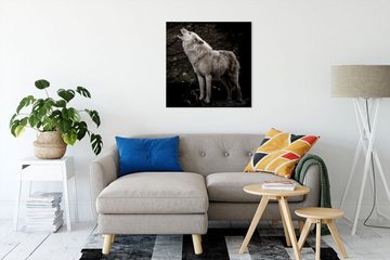 Pixxprint Leinwandbild Weißer heulender Wolf im Wald, Weißer heulender Wolf im Wald (1 St), Leinwandbild fertig bespannt, inkl. Zackenaufhänger