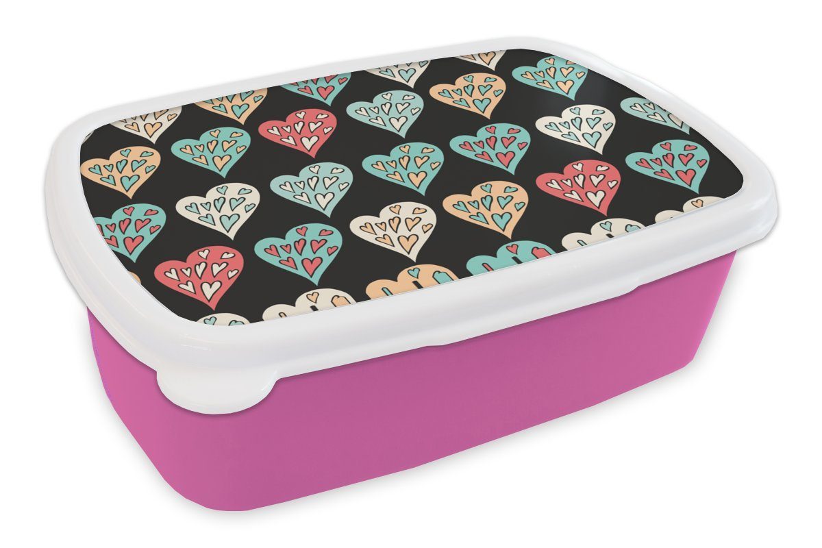 MuchoWow Lunchbox Mädchen, Kunststoff Kinder - Erwachsene, Brotbox Herzen für Mädchen, (2-tlg), - Herz - - - Mädchen Brotdose Snackbox, Kunststoff, Mädchen - Kinder, Muster rosa