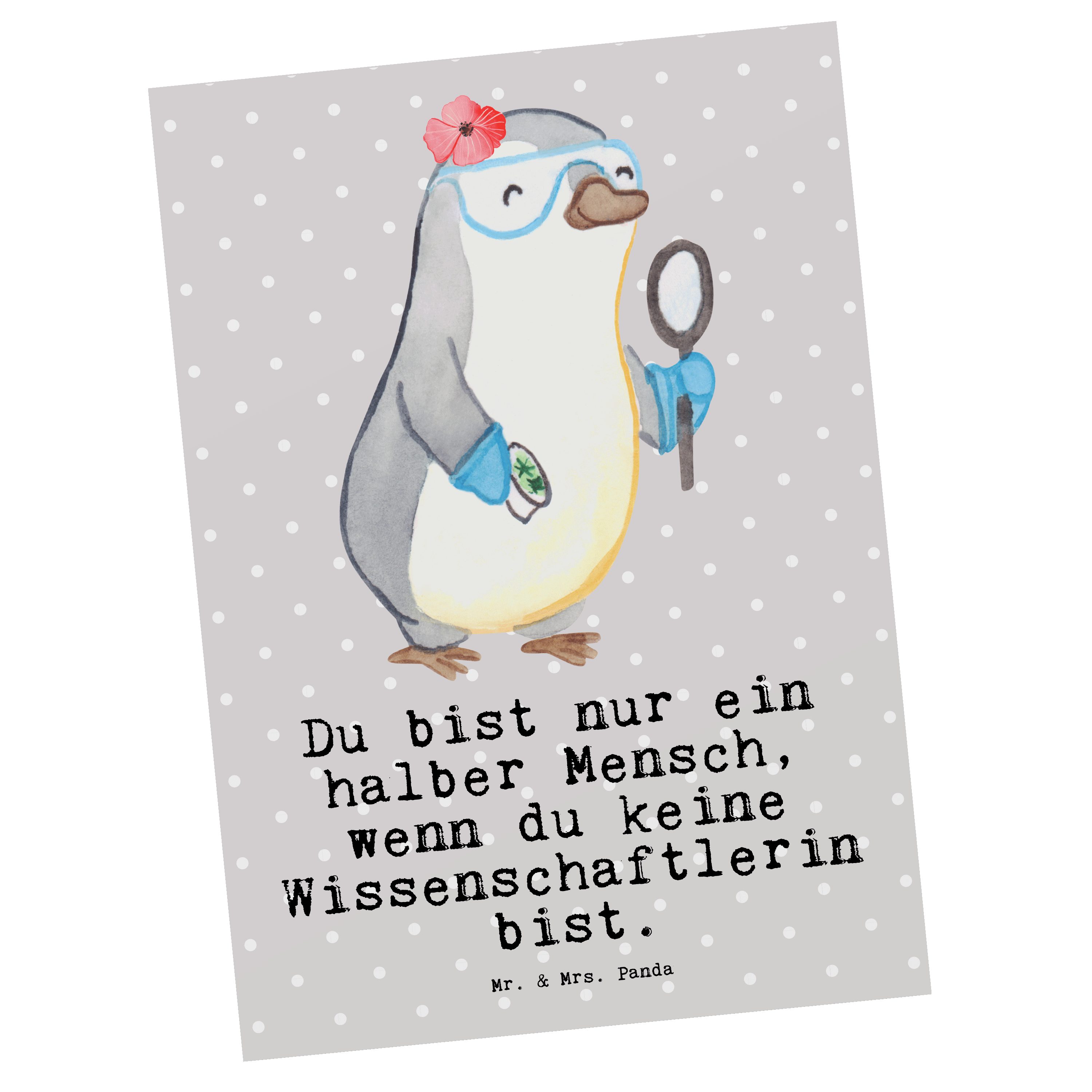 Mr. & Mrs. Panda Postkarte Wissenschaftlerin mit Herz - Grau Pastell - Geschenk, Grußkarte, Fors