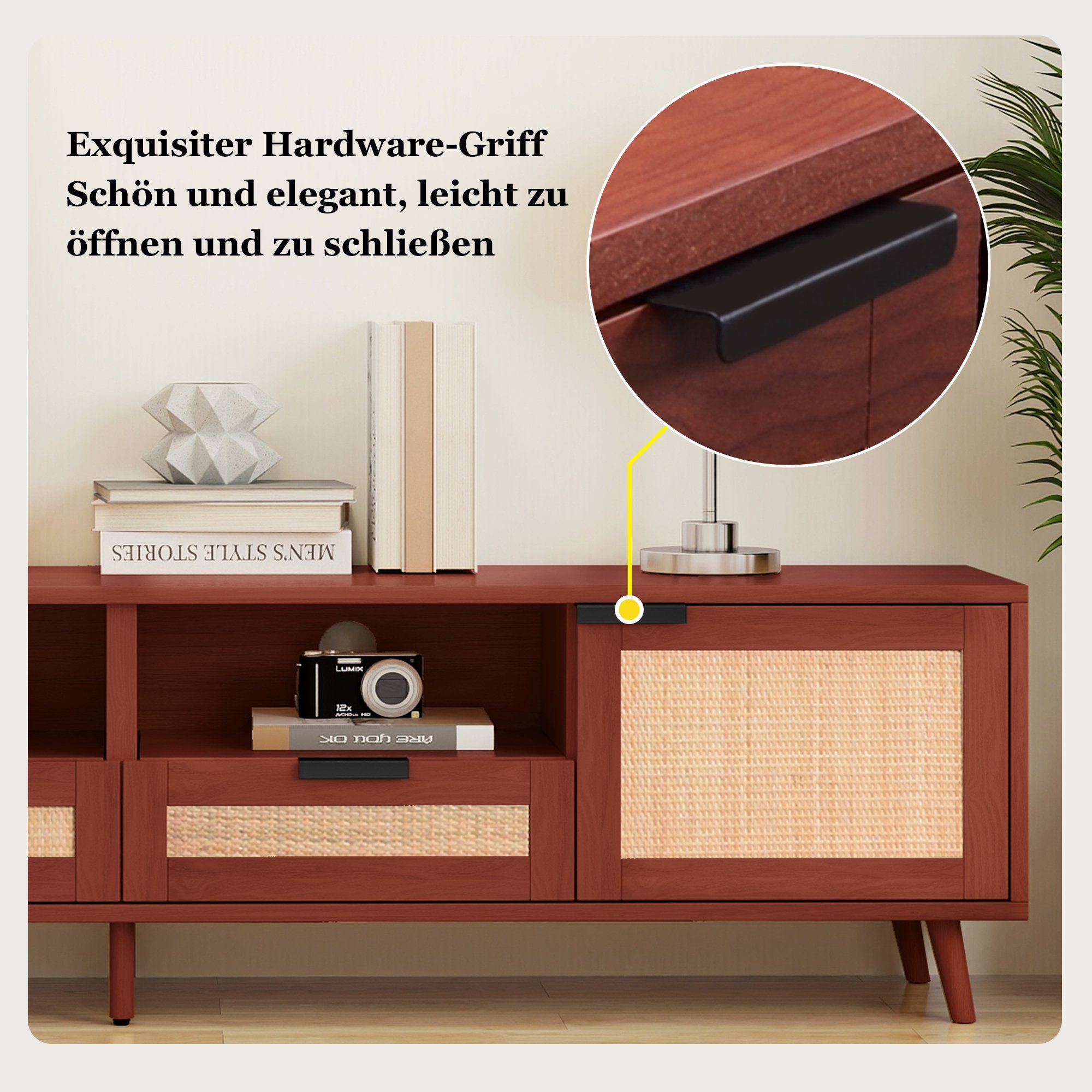 TV-Schrank Rot/Natur 200*37*49cm, Odikalo mit Echtholzfüßen,Rattandesign, Holz-TV-Ständer