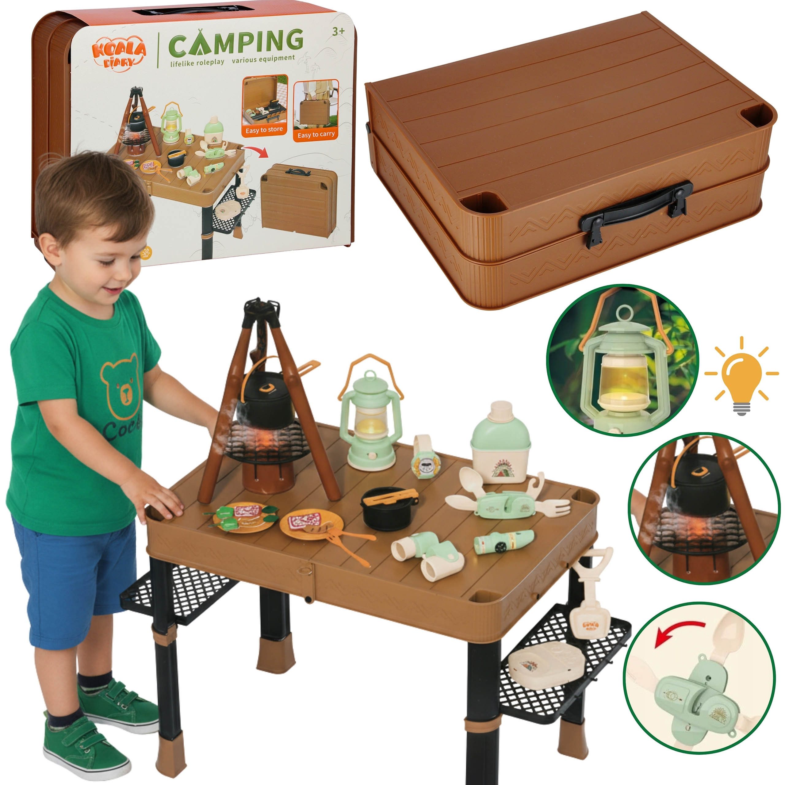 Sarcia.eu Spielküche Camping-Set für Kinder im Koffer, mit Klapptisch, LED, Dampf & Sound
