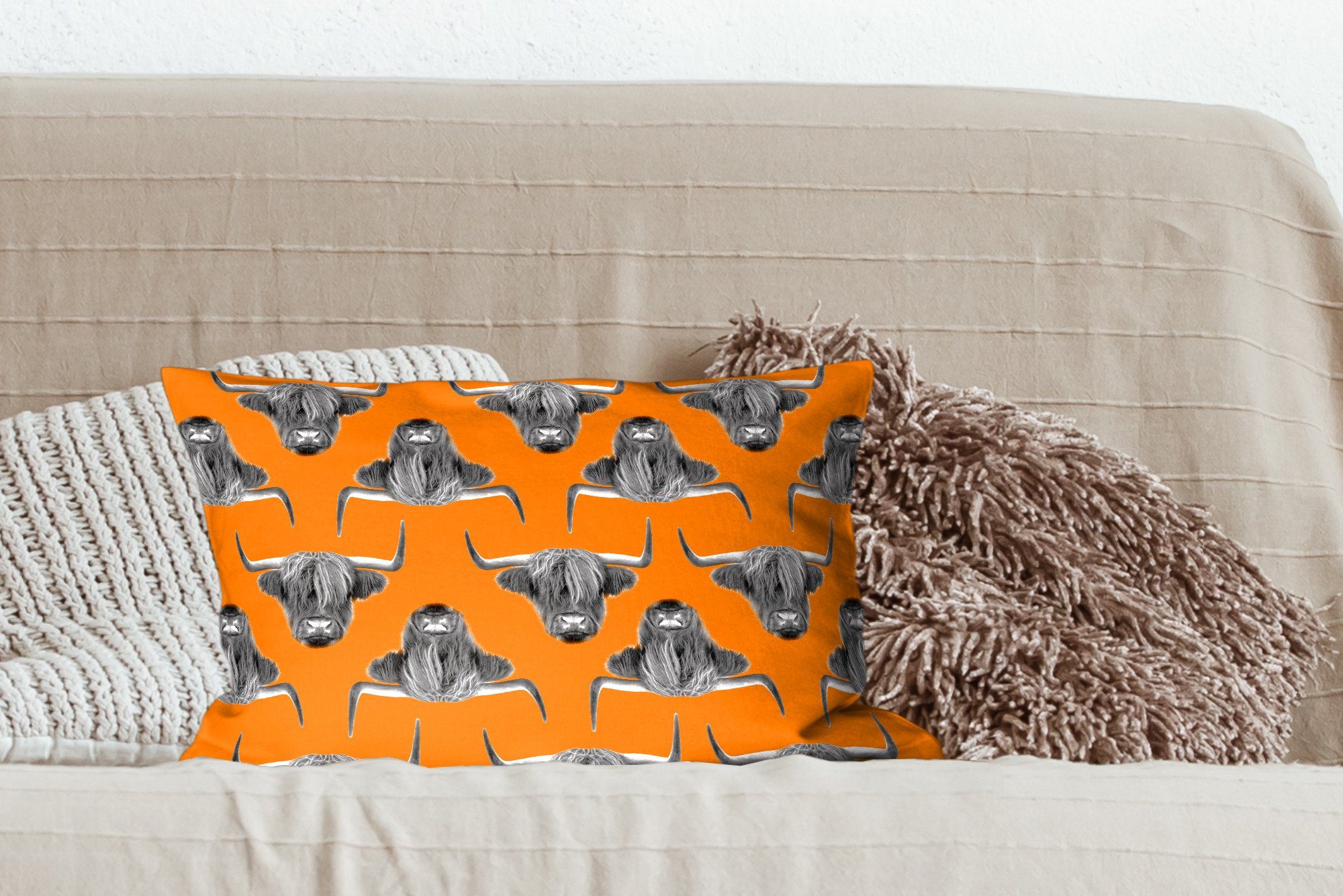 - Dekokissen mit Schlafzimmer Wohzimmer Schottischer Muster Füllung, Zierkissen, Dekoration, MuchoWow Orange, Highlander Dekokissen -