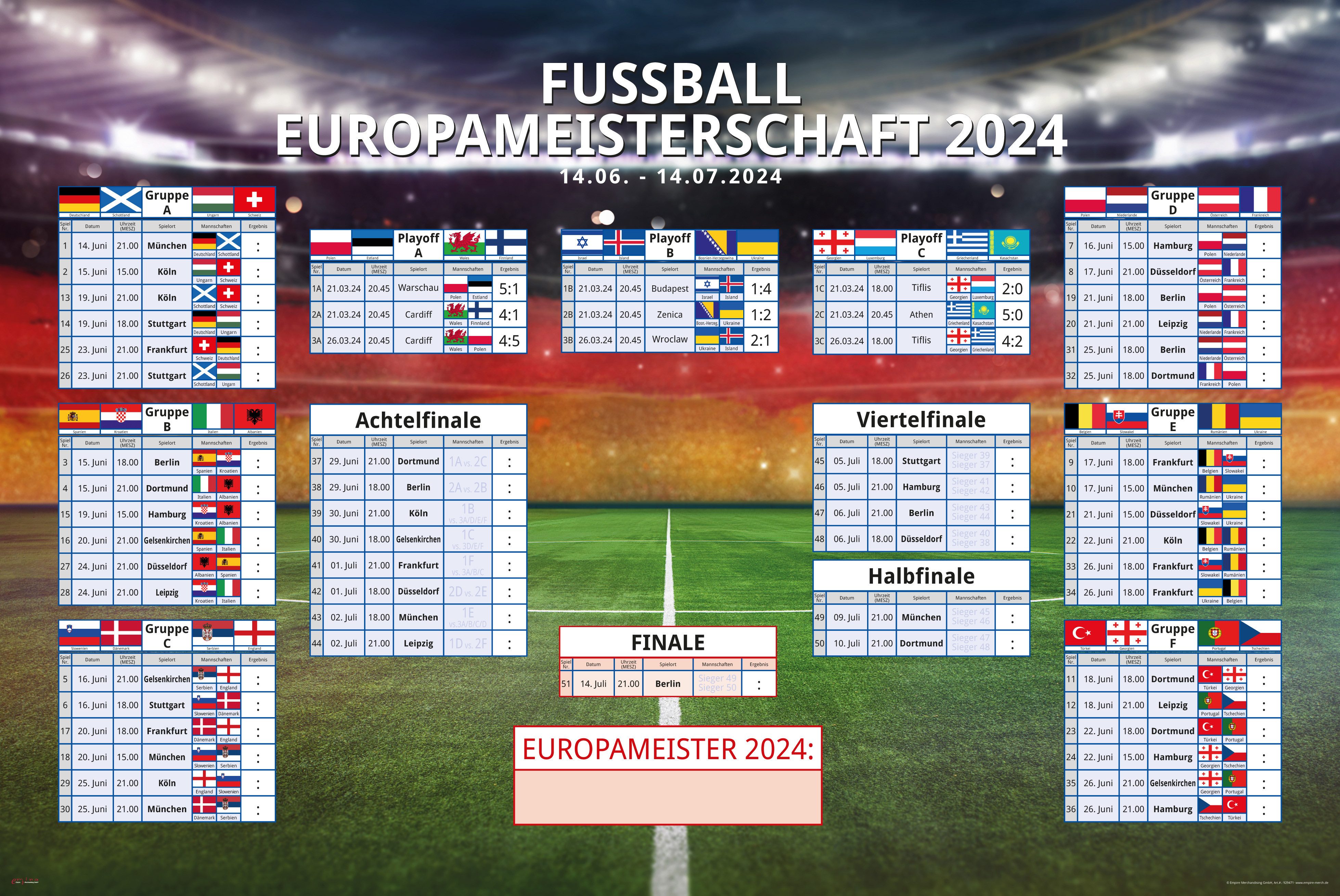 empireposter Poster Fussball EM Planer 2024 Europameisterschaft - 91,5x61 cm - gefaltet