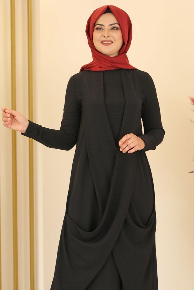 Basic Modavitrini Hijab Kleid Maxikleid Aerobin Mode Almeda langärmliges Abendkleid Schwarz