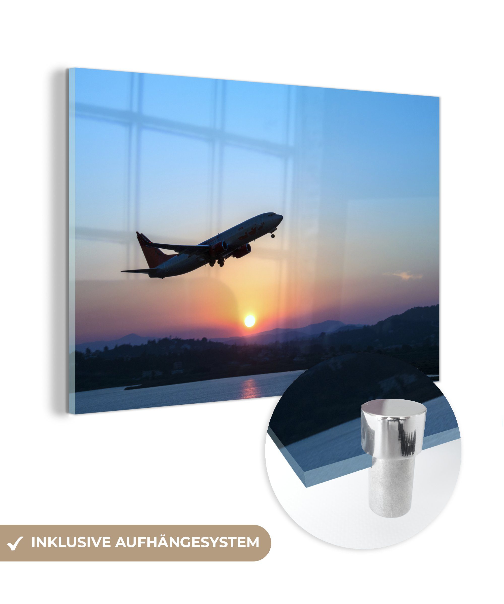 MuchoWow Acrylglasbild Silhouette eines abhebenden Flugzeugs, (1 St), Acrylglasbilder Wohnzimmer & Schlafzimmer