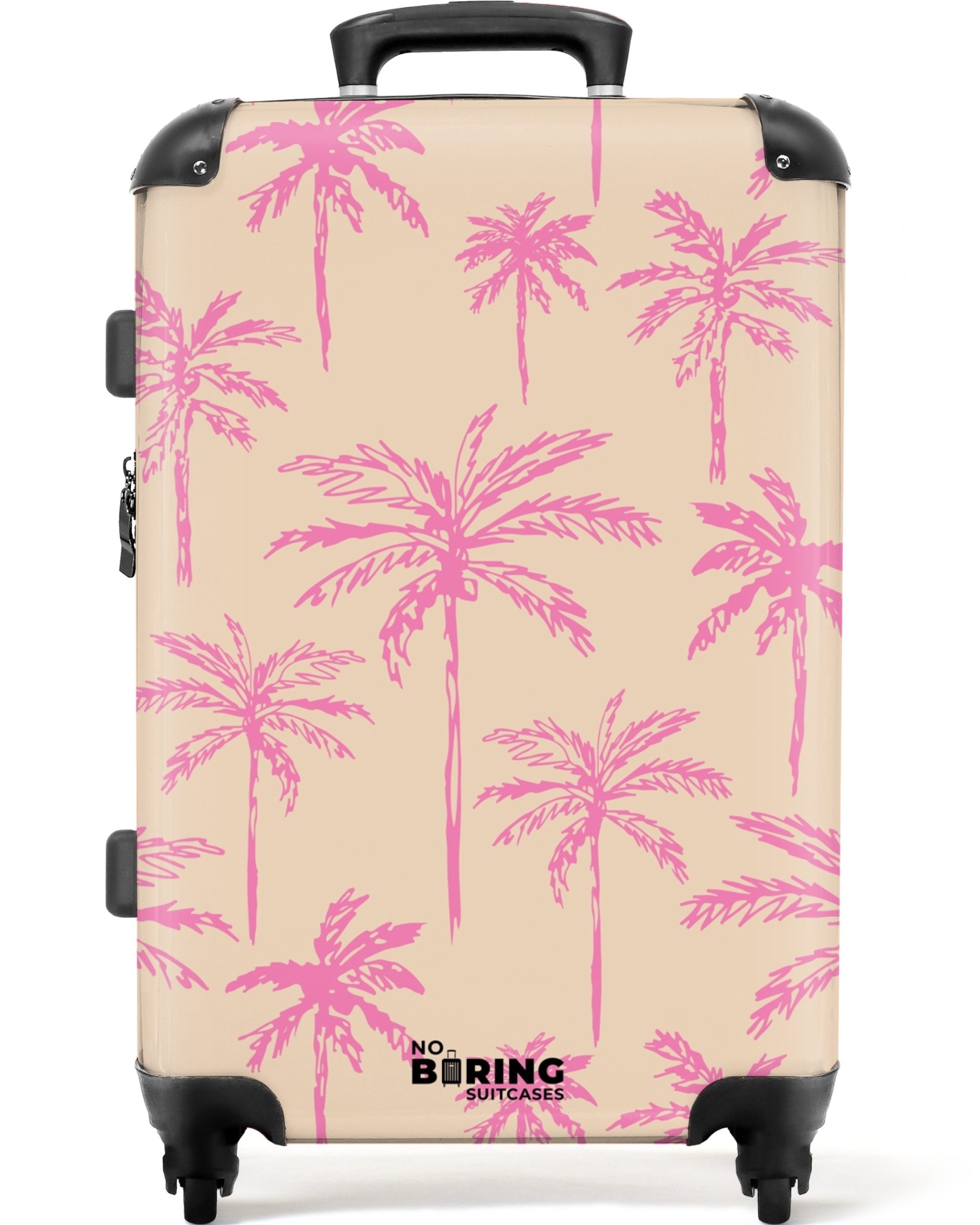 NoBoringSuitcases.com© Hartschalen-Trolley Beige mit rosa Palmen günstig online kaufen