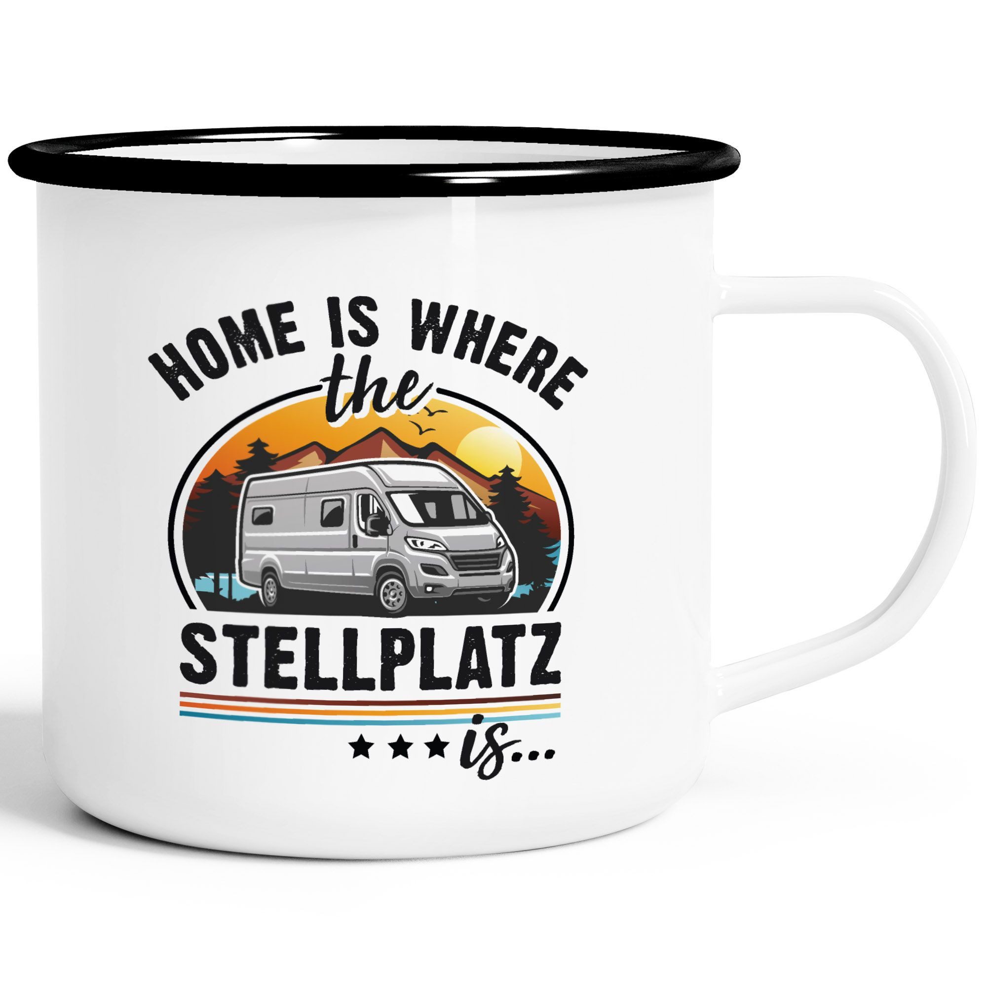 MoonWorks Tasse Emaille-Tasse Camping Home is where the Stellplatz is Geschenke für, Metall, emailliert und mit Aufdruck