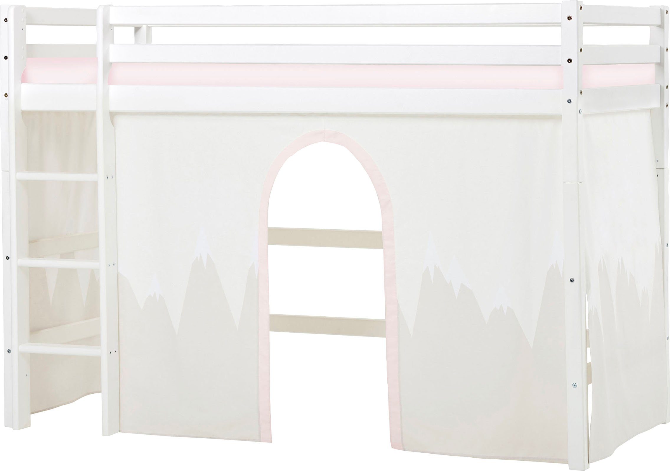 Hoppekids Hochbett Winter Wonderland» 90x200cm mit Vorhang & Matratze (Set) FSC® zert Massivholz, 10 Jahre Garantie auf Застосуватиungsfehler