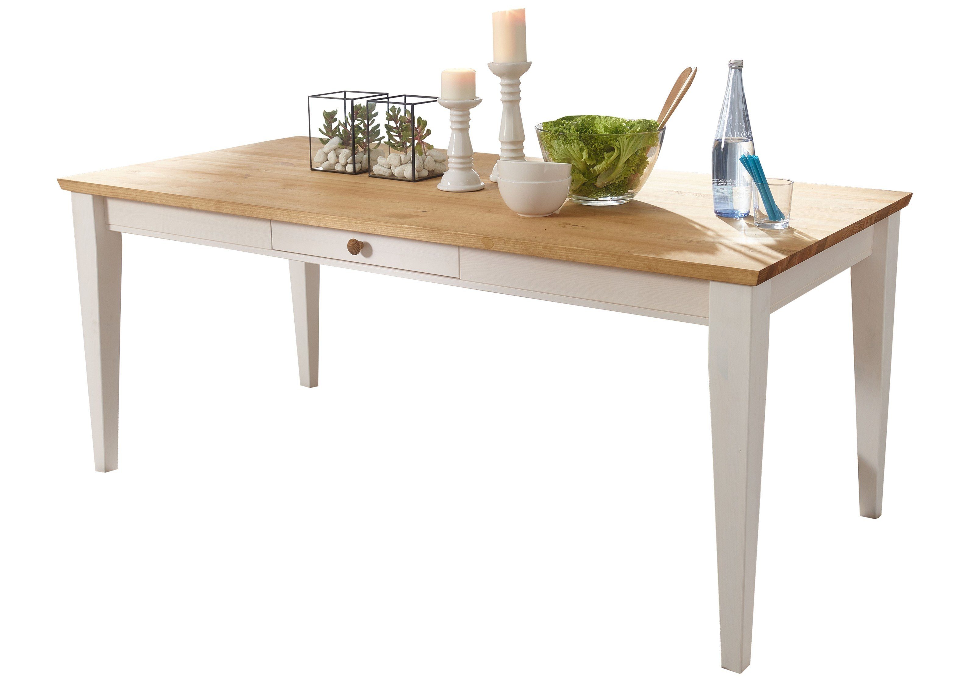 Produktbild von Runder Kiefer Esstisch Massiv Weiß – Mit Schublade, Landhausstil, Durchmesser 90 Cm, Aus Polen