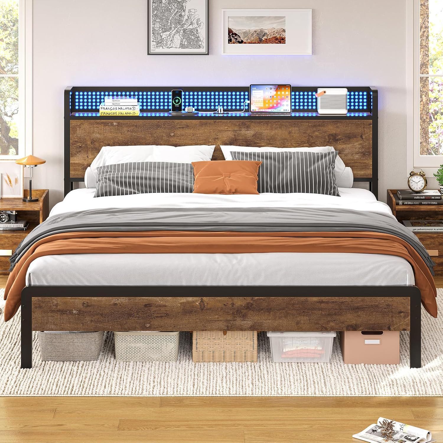 KIMENICH Metallbett mit LED-Beleuchtung – Metallrahmen, Ladestation, Vintage Braun (1-tlg., Ohne Matratze), Jugendbett, Bettgestell 160x200cm