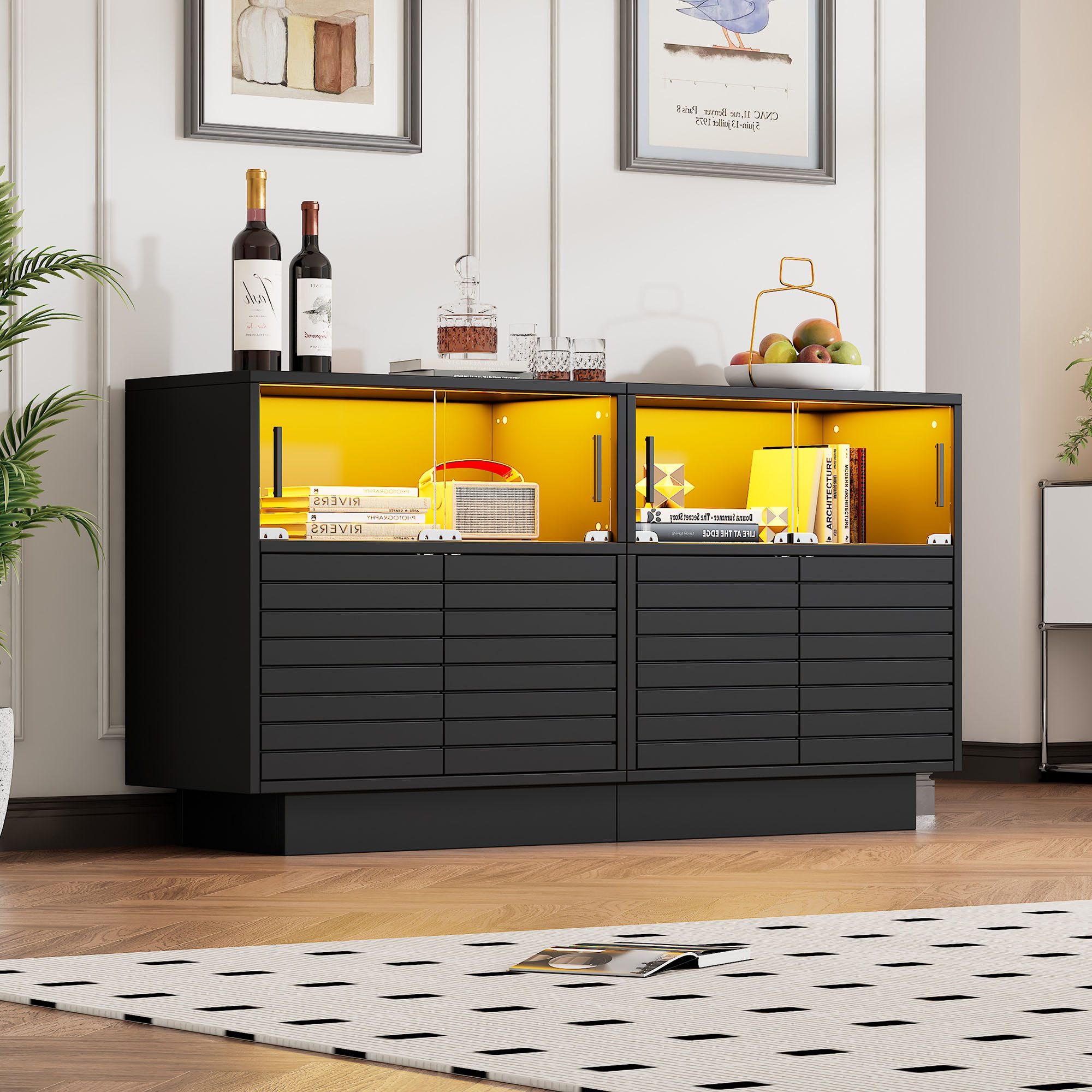 STILVORA Sideboard LED-Beistellschrank Wohnzimmerschrank mit Glastüren,Buffetschrank (Fernsehschrank, Wohnzimmermöbel, 1 St., mit 2 Kabinett, 4 Fächern), mit LED-Licht