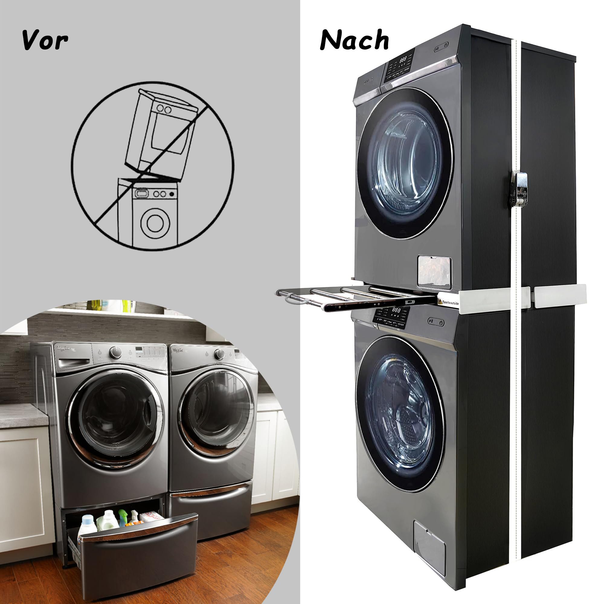 Rhein Beleuchtung Zwischenbaurahmen Universal Zwischenbaurahmen für Waschmaschine & Trockner (Set, 1-St., Verbindungsrahmen 54–73 cm, inkl. Rutschfestem Ratschenseil), Ausziehbarer Handtuchhalter & Wäscheablage