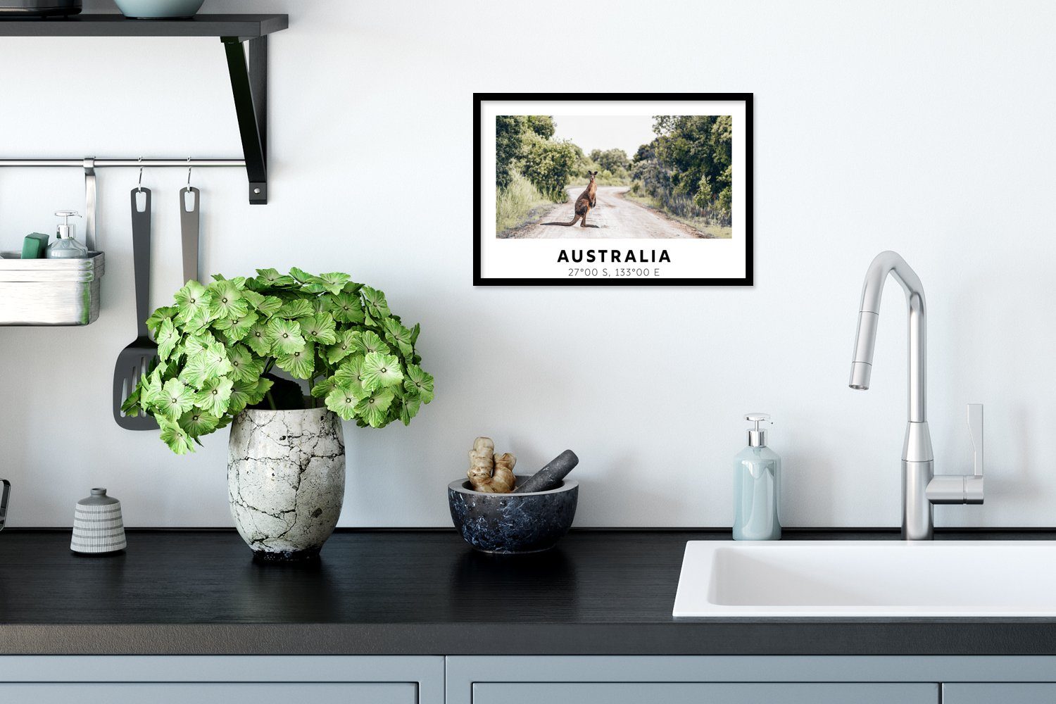 St), - Schwarzem Australien (1 Känguru Poster Tiere, - Gerahmtes Bilder, Wandposter, Poster, Wanddeko, MuchoWow Bilderrahmen