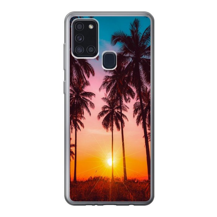 MuchoWow Handyhülle Palme - Sonnenuntergang - Horizont - Strand - Orange - Rosa Handyhülle Samsung Galaxy A21s Smartphone-Bumper Print Handy