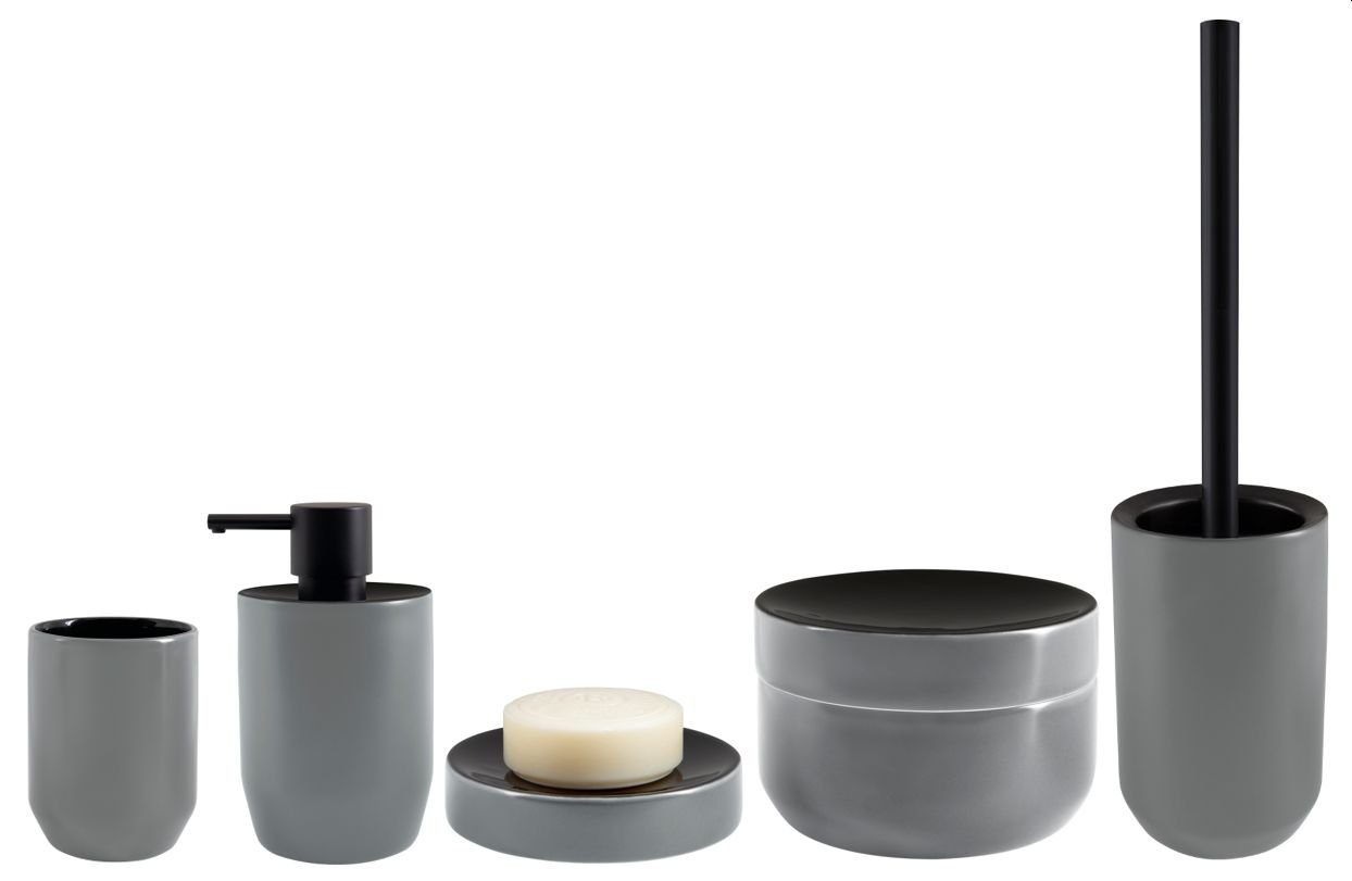 spirella Badaccessoires-Sets JARO, Zubehör-Set aus hochwertiger Keramik, elegante Matt-Optik, grau / schwarz, Komplett-Set Badezimmerzubehör, 5 tlg., bestehend aus: WC-Bürste, Seifenspender, Zahnputzbecher, Seifenschale, Aufbewahrungsdose. € 58,95, (€ 58,95 pro 1 Stk).