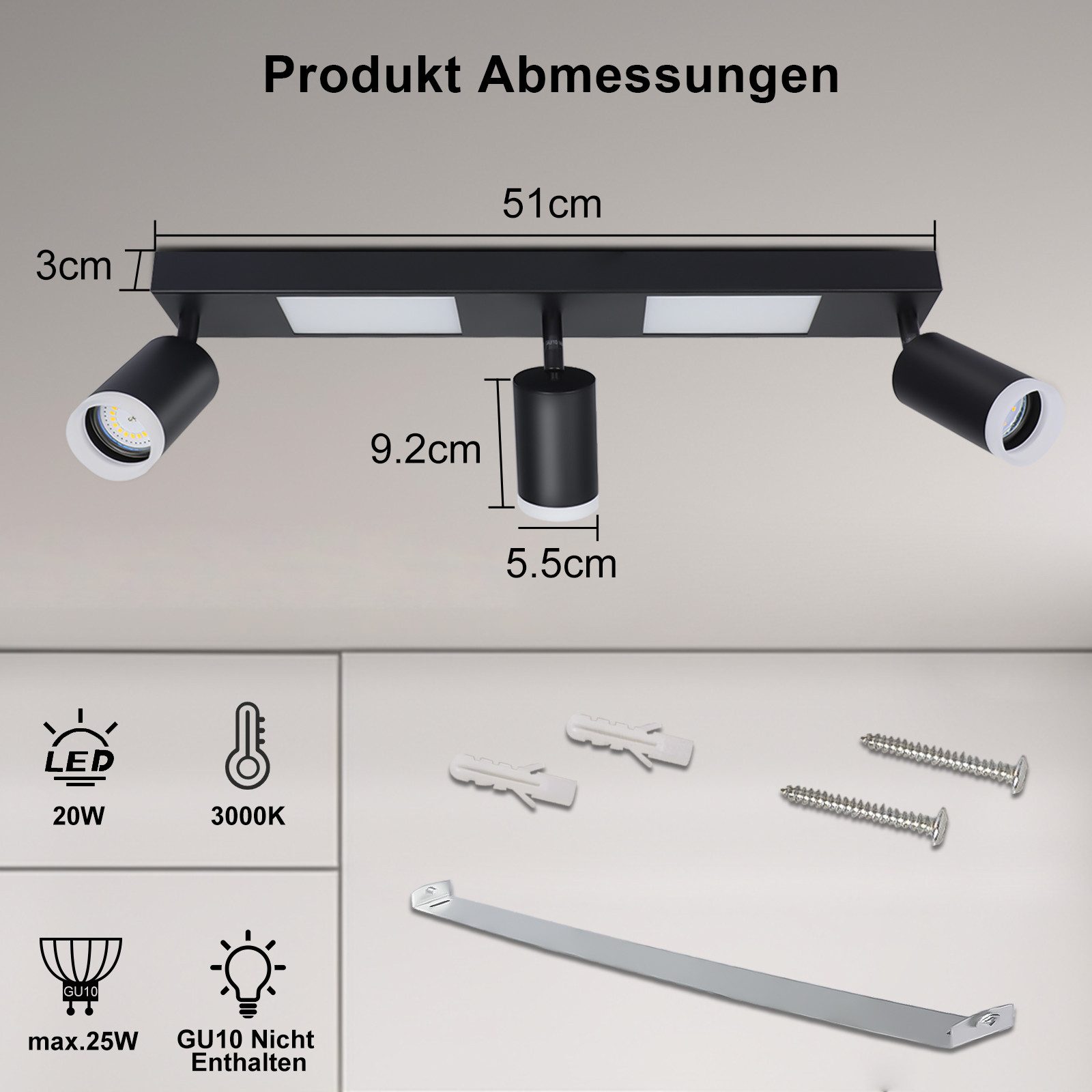 ZMH Deckenstrahler 3 Flammig Schwarz/Weiß GU10 Deckenlampe 20W 3000K für Fl günstig online kaufen