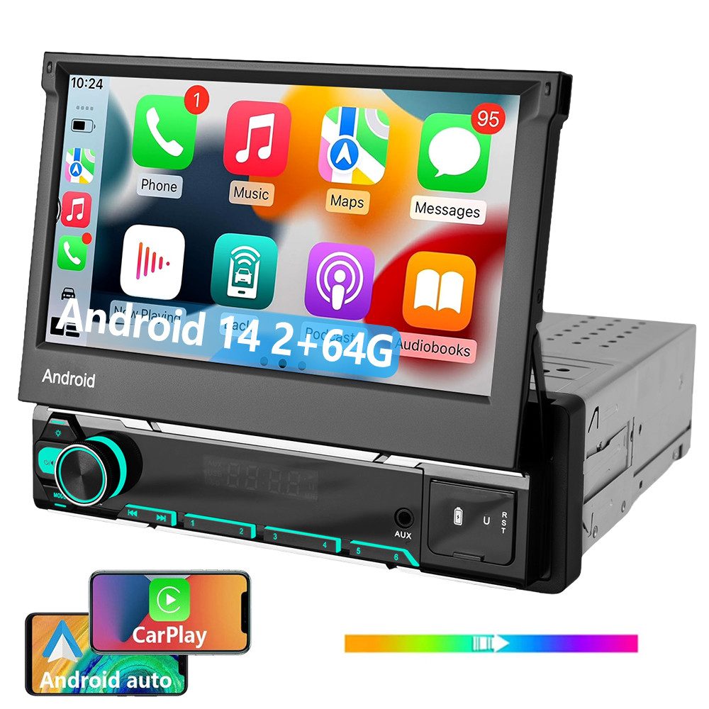 ESSGOO DAB+ 1 DIN 7'' Android 14 Ausfahrbarem Display GPS Navigation BT Autoradio (DAB+ (optional), 4+64GB(optional), FM, RDS, Carplay Android Auto Bluetooth EQ USB GPS Navi WIFI Touchscreen)
