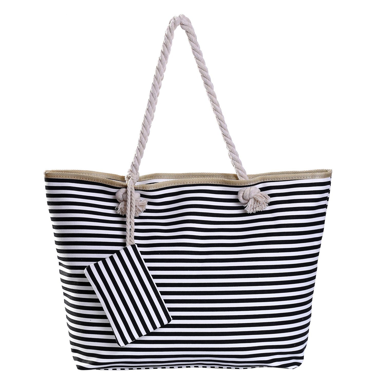 DonDon Strandtasche Shopper wasserabweisende Tasche (2-tlg), Große Strandtasche, mit Reißverschluss, inkl. kleinem Beutel schwarz-weiß gestreift