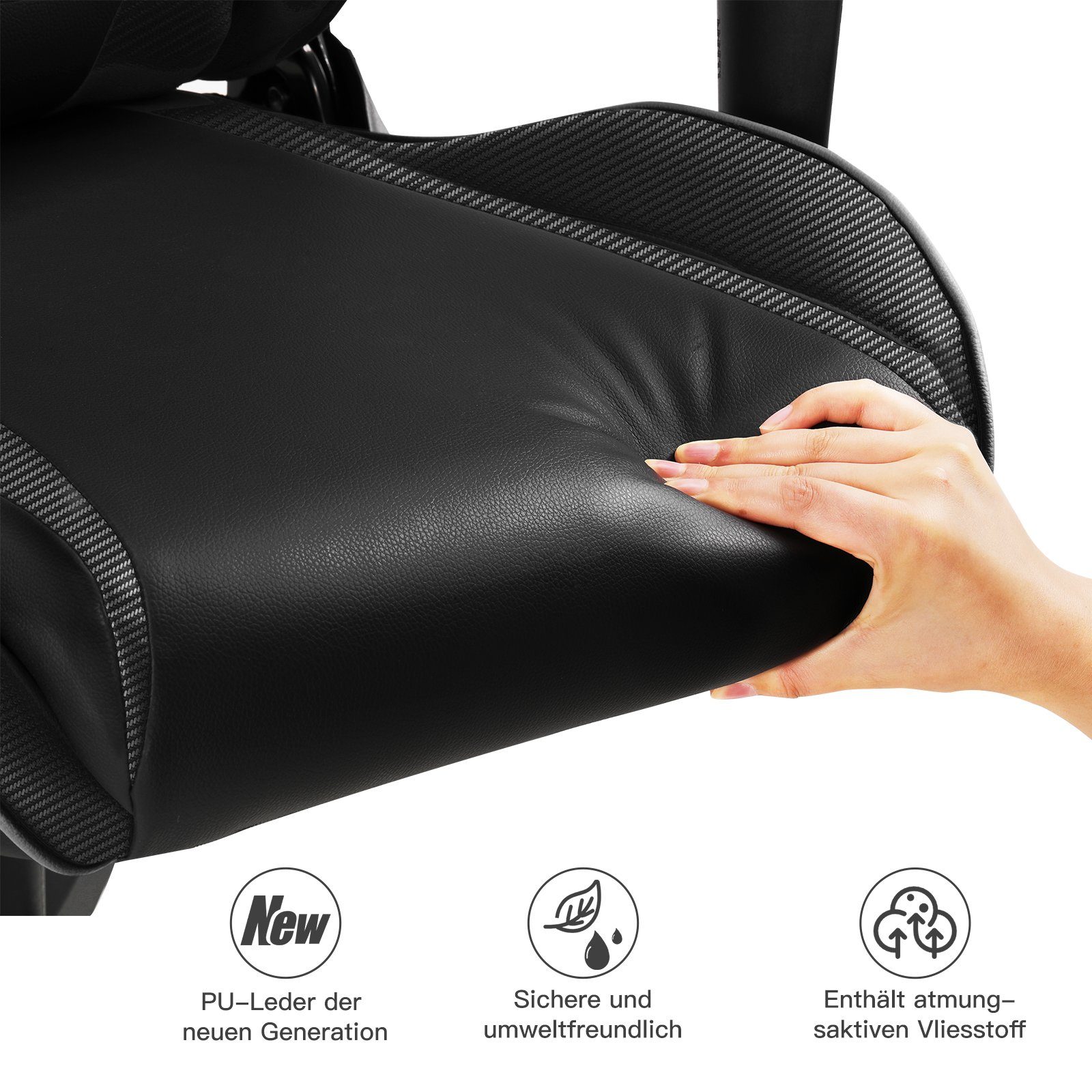 Bürostuhl inkl. Design waist Ergonomische supports GTPLAYER und Nackenkissen, Lenden- The the Gaming-Stuhl function reclining schwarz