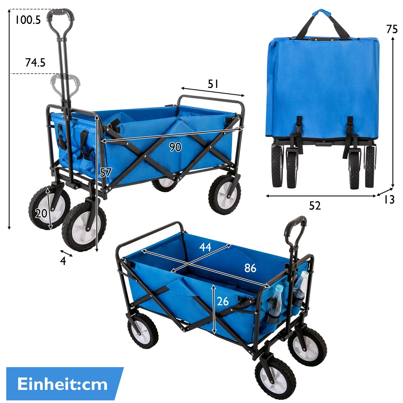 SEEZSSA Bollerwagen Zusammenklappbarer (mit Bis mit aus Griff Belastbar Faltbar, 100 kg Verstellbarer Wagon Getränkehalter Blau Station Mesh)