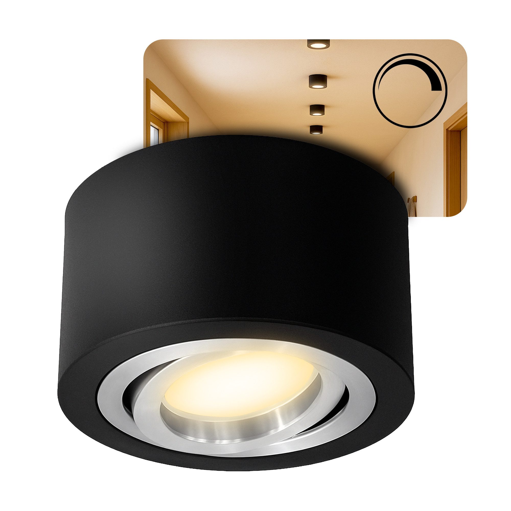 LED Aufbaustrahler LANTI Deckenspot schwarz schwenkbar mit LED Birne 4W 4-Stufen dimmbar