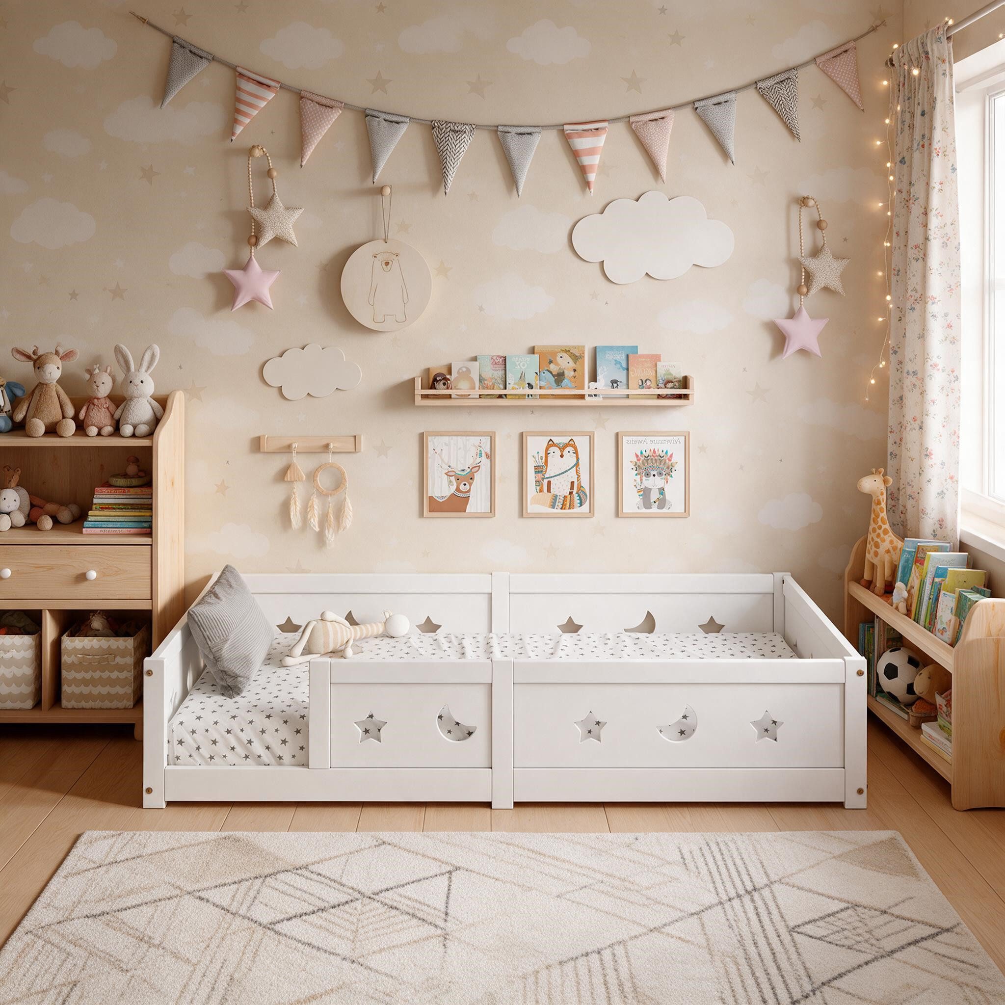 Simurq Kinderbett Kinder‑Bodenbett Massiv, mit umlaufender Absturzsicherung, Montessori