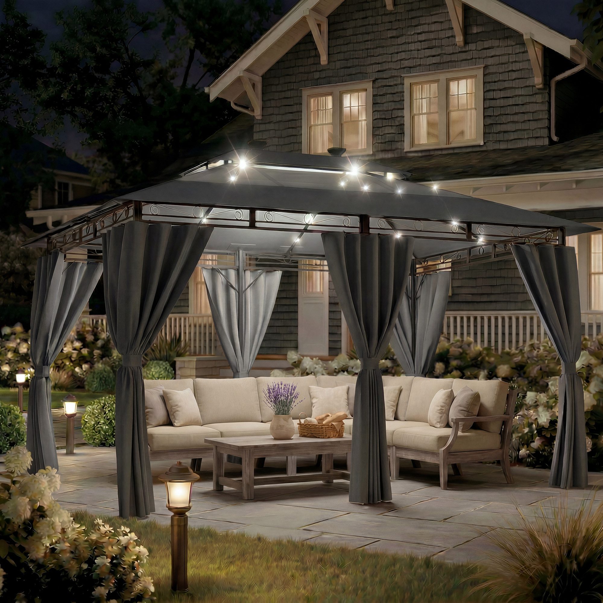 GUNJI Pavillon 300x300/400/600, UV-Schutz 50+, mit integrierter LED-Beleuchtung, (Mit LED-Beleuchtung, mit 4 Seitenwänden, geeignet für Feste, Veranstaltungen, Partys, bietet Platz für 4-10 Personen, grau), Doppelwandiges Gratenpavillon, mit abnehmbaren Seitenvorhängen