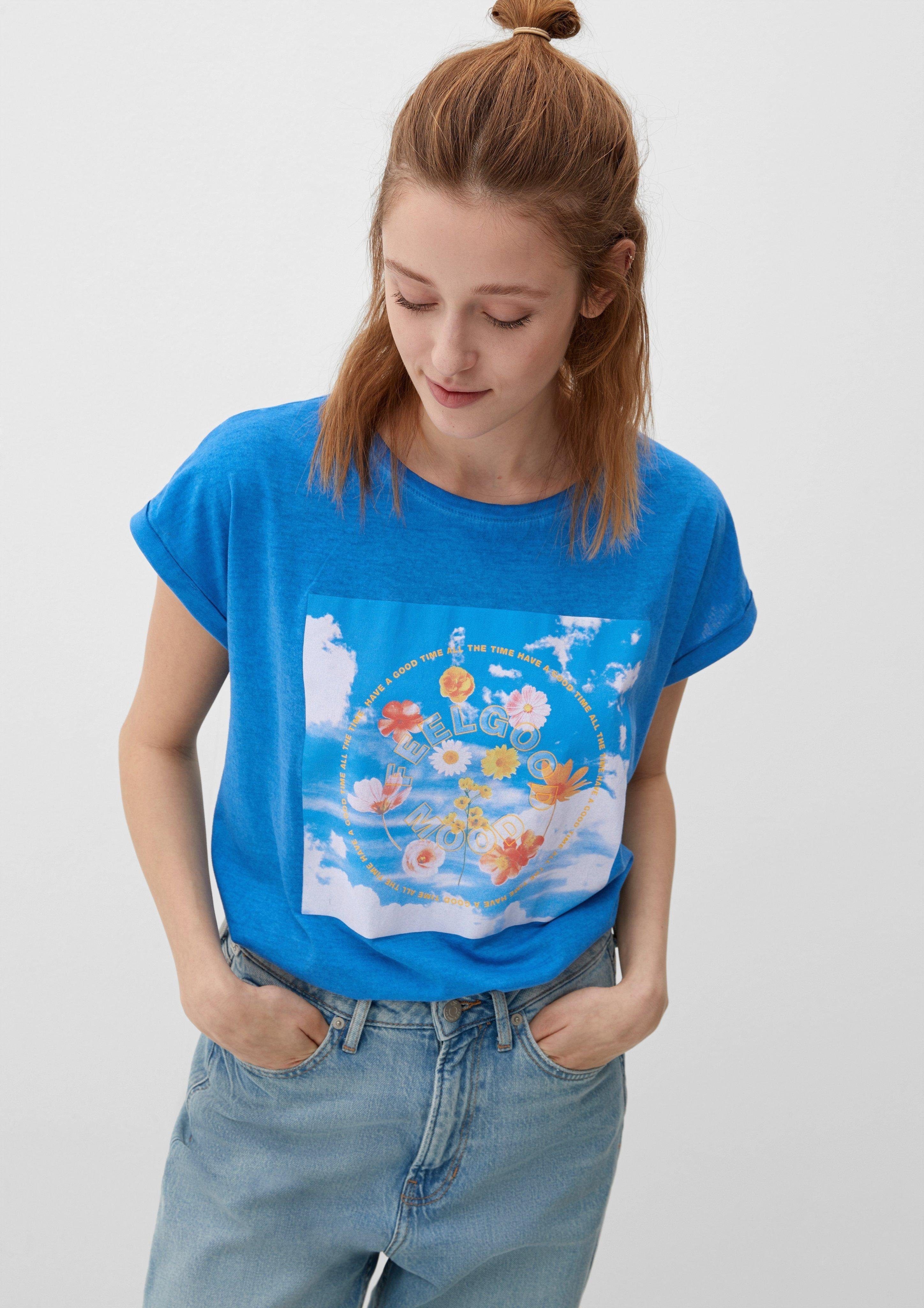 QS Kurzarmshirt T-Shirt mit Frontprint Garment Dye royalblau