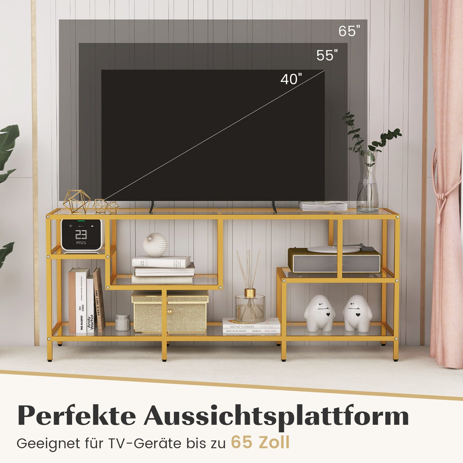 COSTWAY TV-Schrank Konsolentisch mit gehärteten Glasregalen, Gold, 147cm