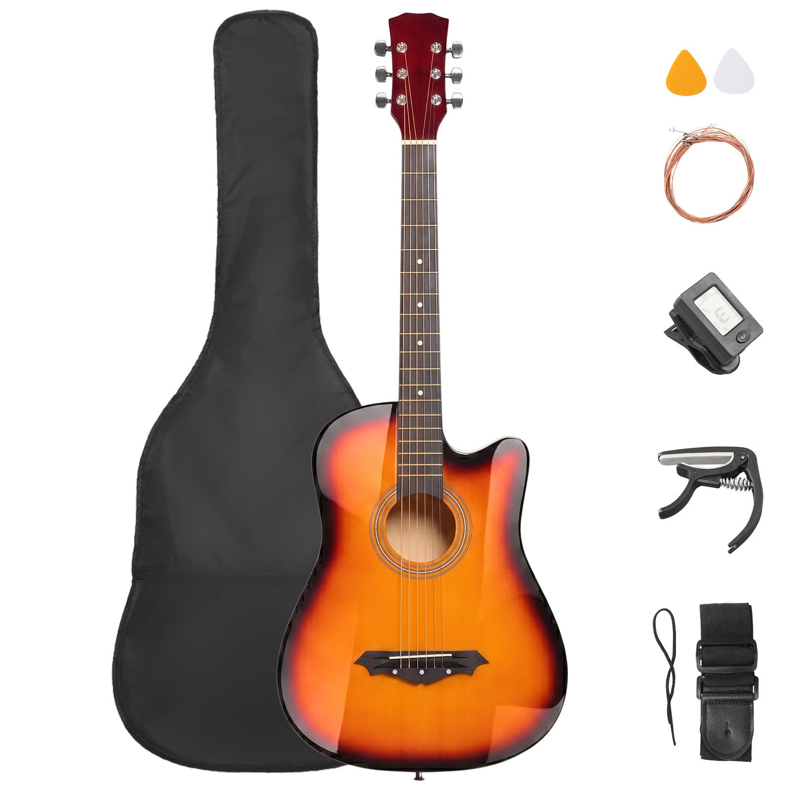 LALAHO Akustikgitarre 38 Zoll Westerngitarre für Einsteiger und Fortgeschrittene, inkl. Zubehör – Tasche, Stimmschlüssel, Saiten, Gurt