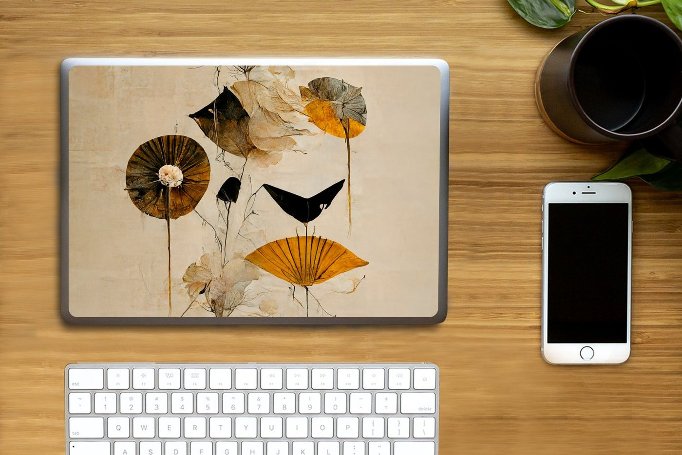 Thumbnail - MuchoWow Laptop-Aufkleber Blumen - Vintage - Pflanzen - Gold, (1tlg), Laptop Folien Cover, Aufkleber, Sticker, Schutz vo...