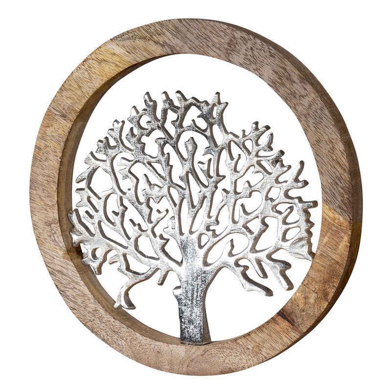 Levandeo® Dekoobjekt, Wandbild Ø25cm Lebensbaum Metall Holz Mango Silber Braun Bild