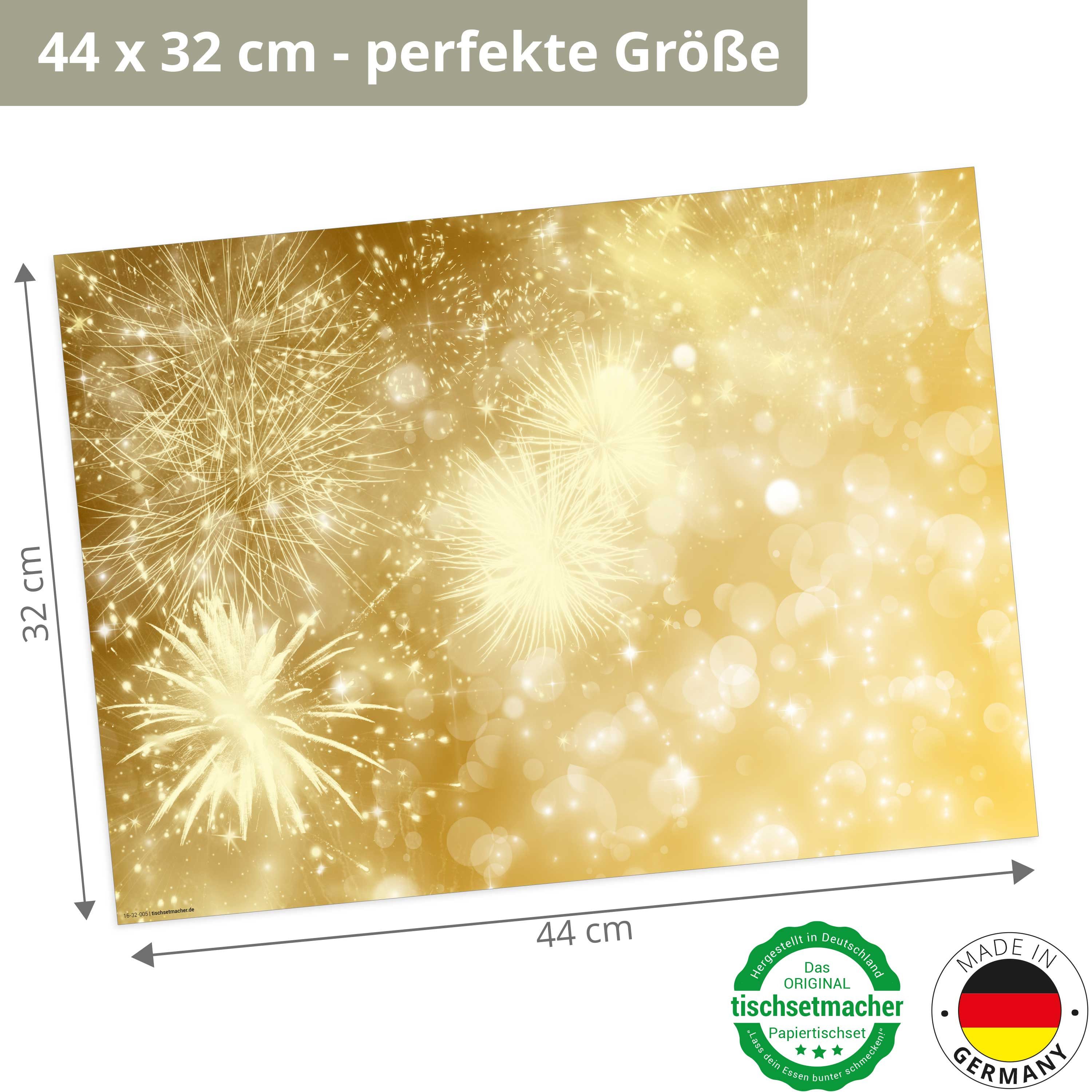 Tischsetmacher Platzset Tischsets I Platzsets - Silvesterdeko - Feuerwerk gold, (aus Naturpapier in Aufbewahrungsmappe für tolles Ambiente, 12-St., 44 x 32 cm / Gold), Tischdeko Made in Germany
