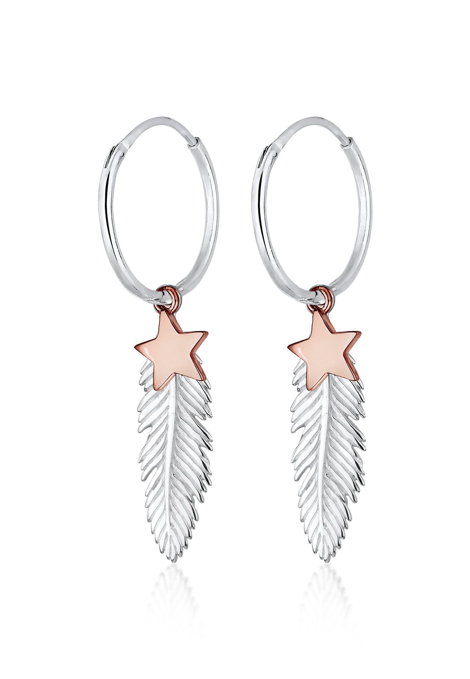 Elli Paar Astro Sterling Boho Silber, Silber Bi-Color Sterne aus Creole 925er Astro Creolen 925 Trendige Ohrringe Feder