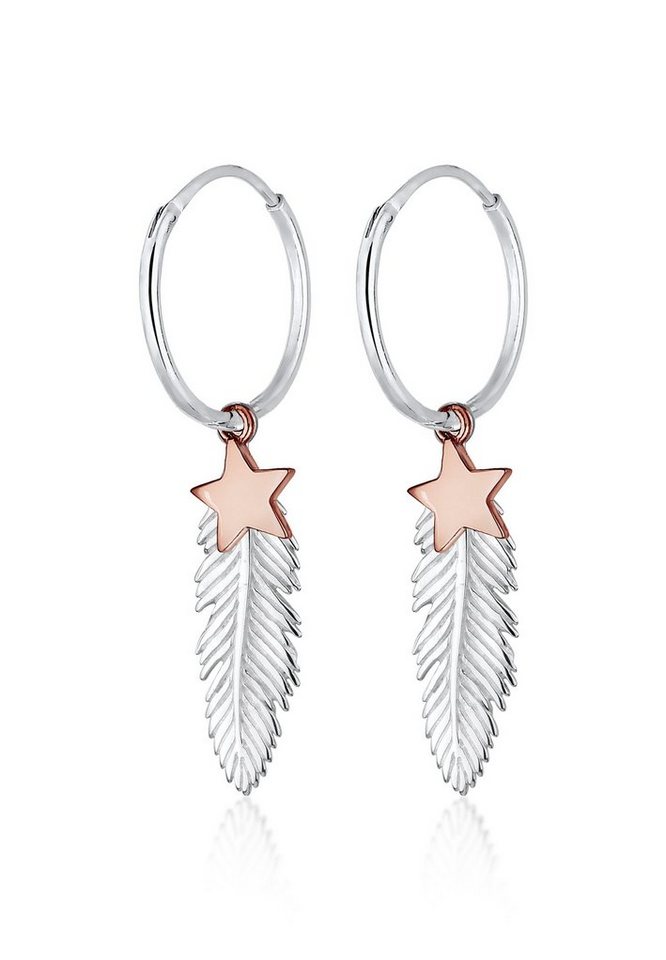 Elli Paar Creolen Creole Sterne Feder Astro Bi-Color Boho 925 Silber,  Trendige Astro Ohrringe aus 925er Sterling Silber